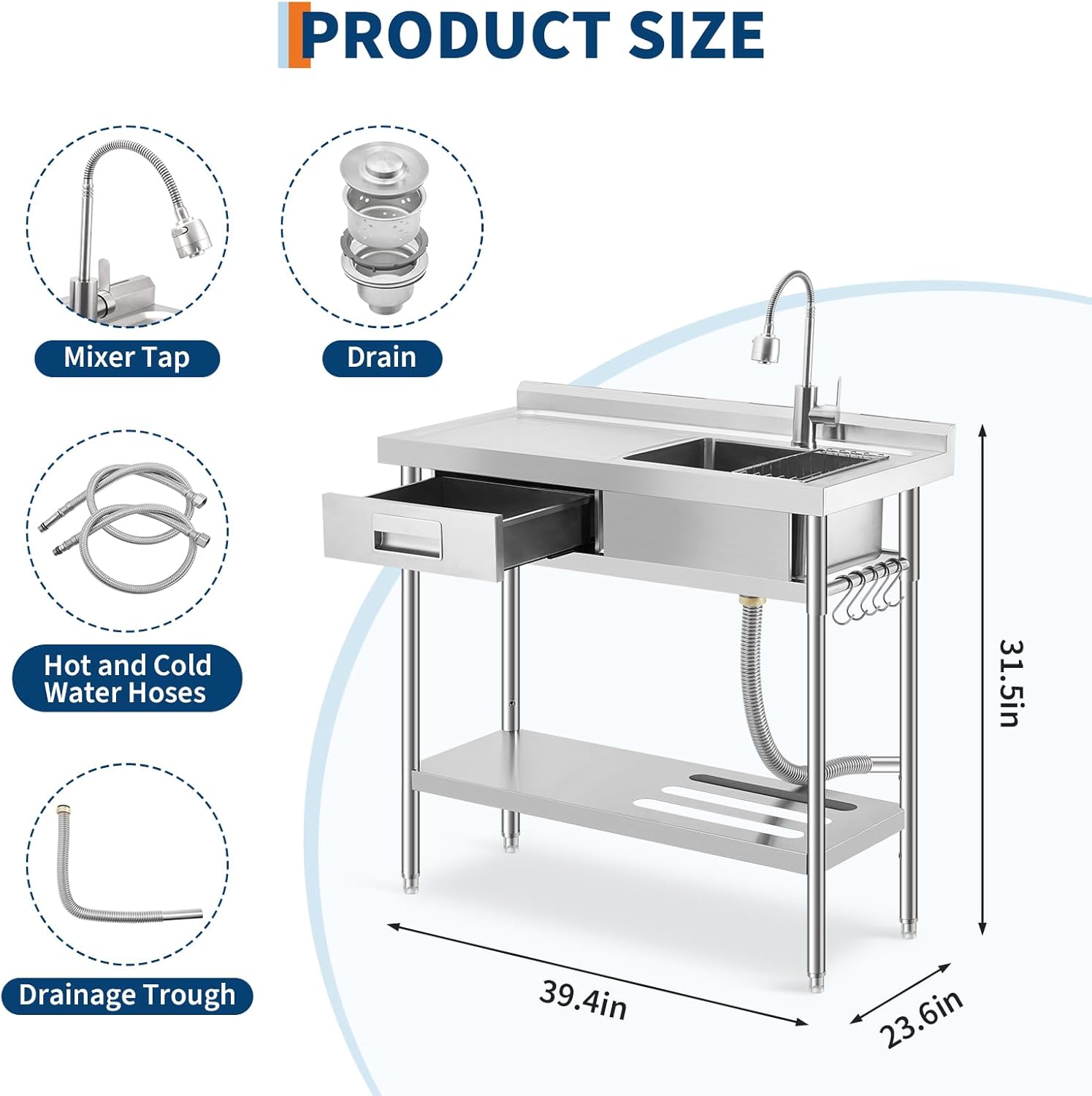 Qeetex SC-W546F419 Workbench Stainless Steel Utility Sink with Left Drawer 39 Inch Pull Out Faucet Knife Rack Shelf for Garage Laundry