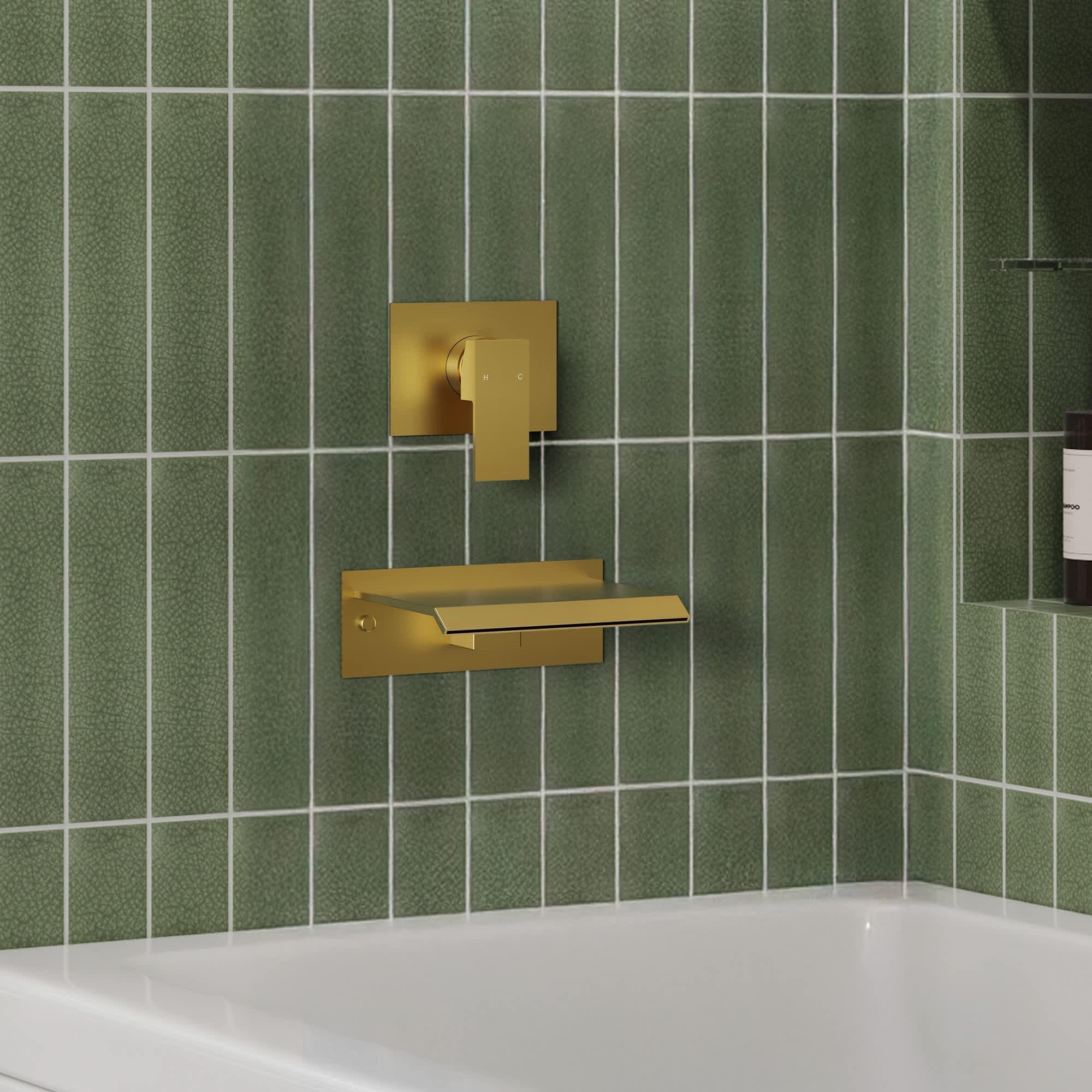 EVERSTEIN SFS-1110-GD Brushed Gold Waterfall Tub Faucet with Rough-in Valve Wall Mounted Tub Spout