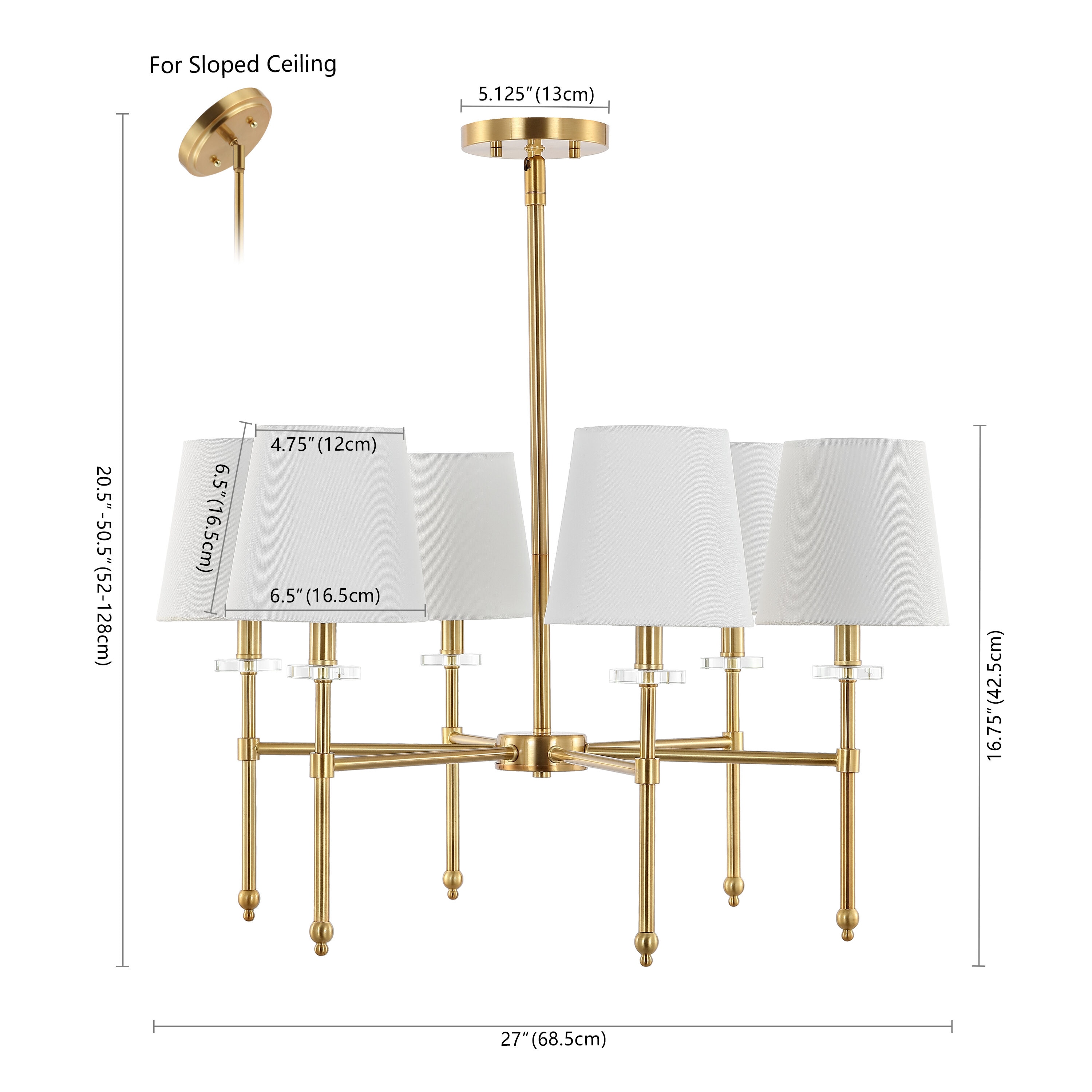 Cillian 27" Satin Gold Brass 6-Light LED Chandelier with White Fabric Shades