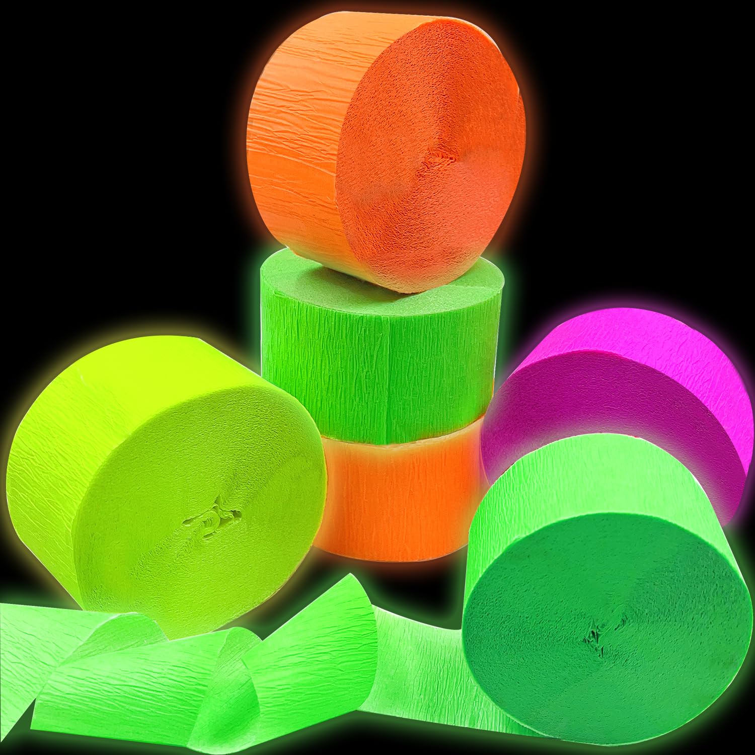 KHKFY  420feet Blacklight Party Streamer Decorations 4 Rolls Glow Crepe Paper UV Reactive Fluorescent Neon Paper Streamers Glow Party