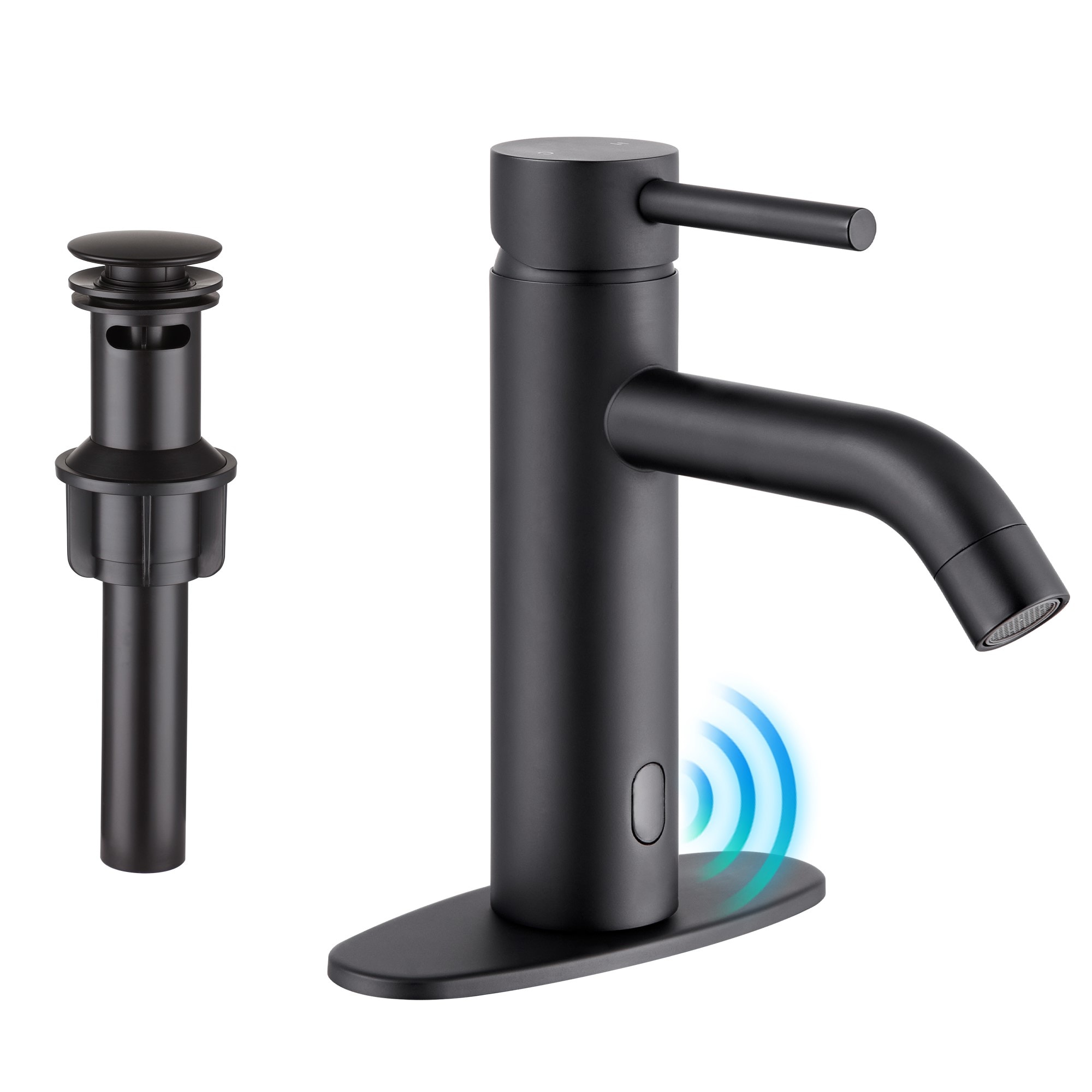 Mondawe WF-2382-BLI Matte Black Single hole 1-handle Mid-arc Commercial/Residential Touchless Bathroom Sink Faucet with Drain with Deck Plate