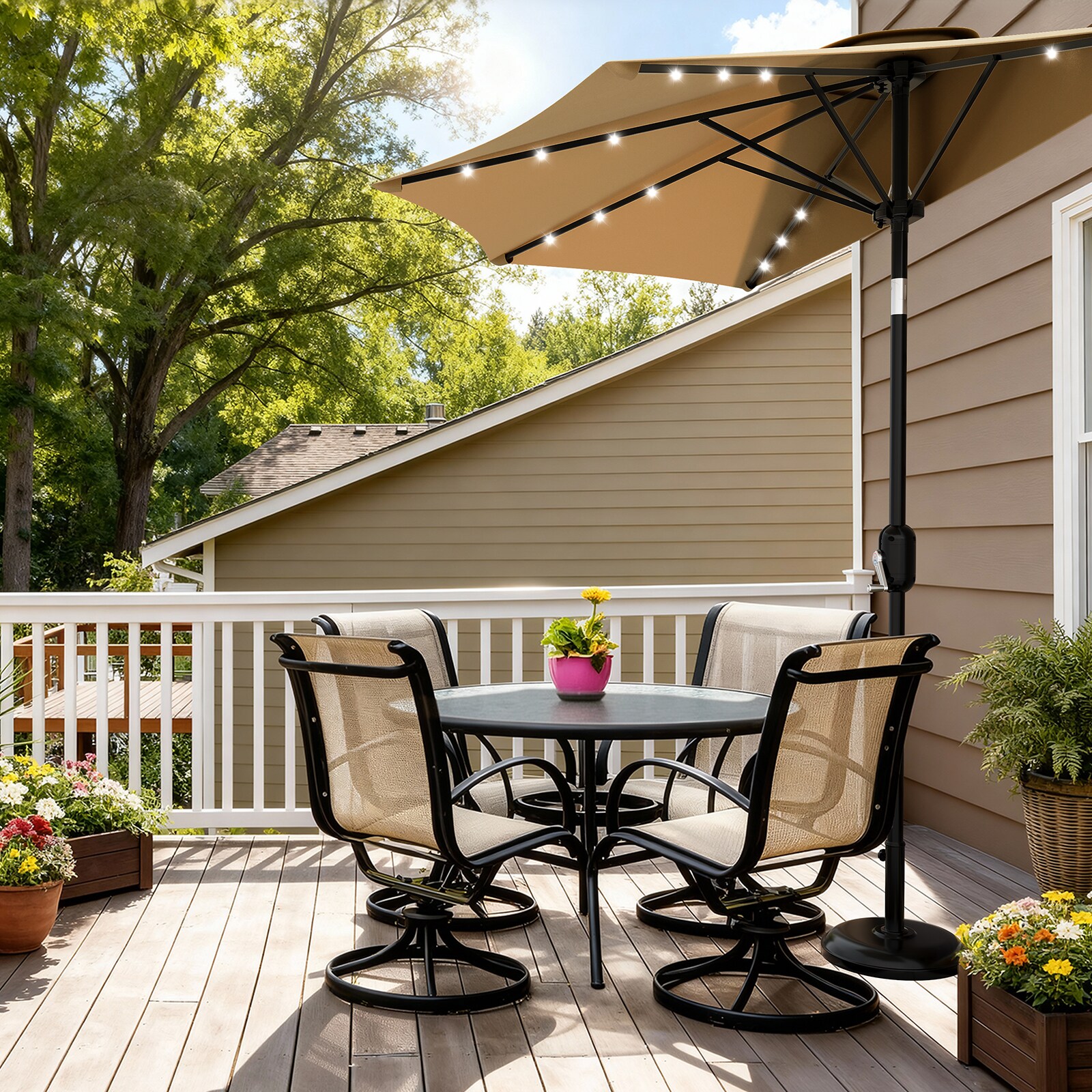 9ft half patio umbrella GarveeLife Premium 9FT Half Patio Umbrella/Tan With Solar LED Lights And  Smooth Crank Lift System-Provides Efficient Outdoor Shade For Balcony Deck  Garden Patio And Narrow Spaces With UV Protection And Weatherproof Canopy