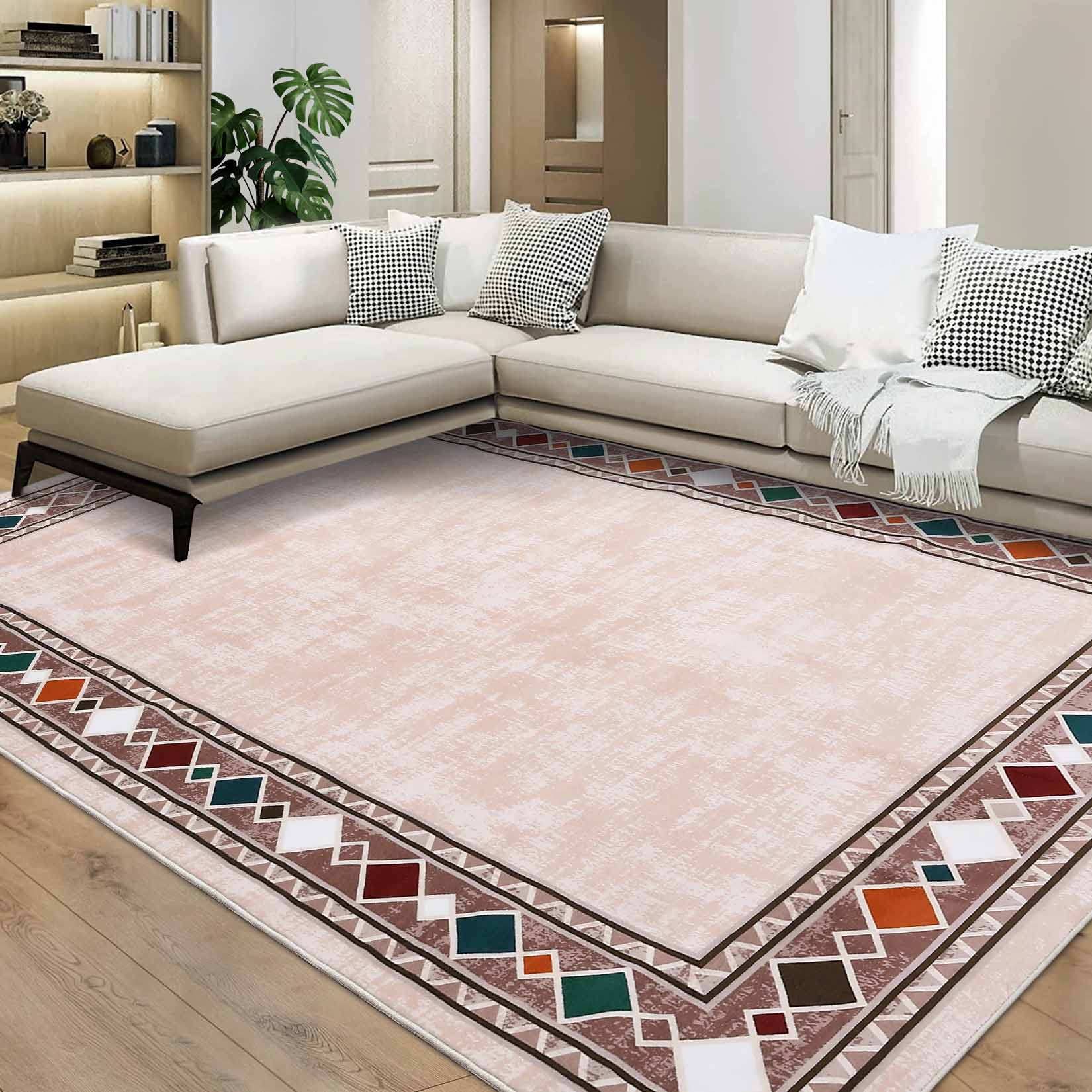 Garvee YXY-LO-PHO-16N7OL5D 8 x 10 (ft) Loomed Polyester Beige Rectangular Indoor Border Mid-Century Modern Machine washable Area rug