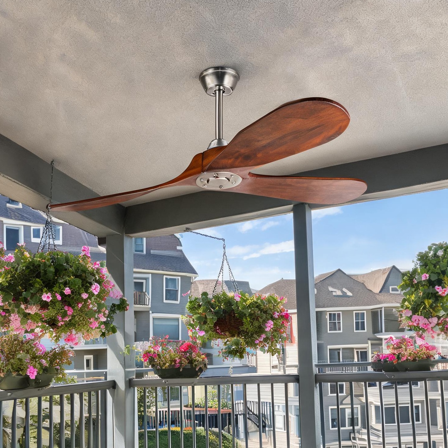 chillscreamni Outdoor Ceiling Fan with Solid Wood Blades 52-Inch Classic Brown 3-Blade No Light Remote Control for Patio and Living Spaces