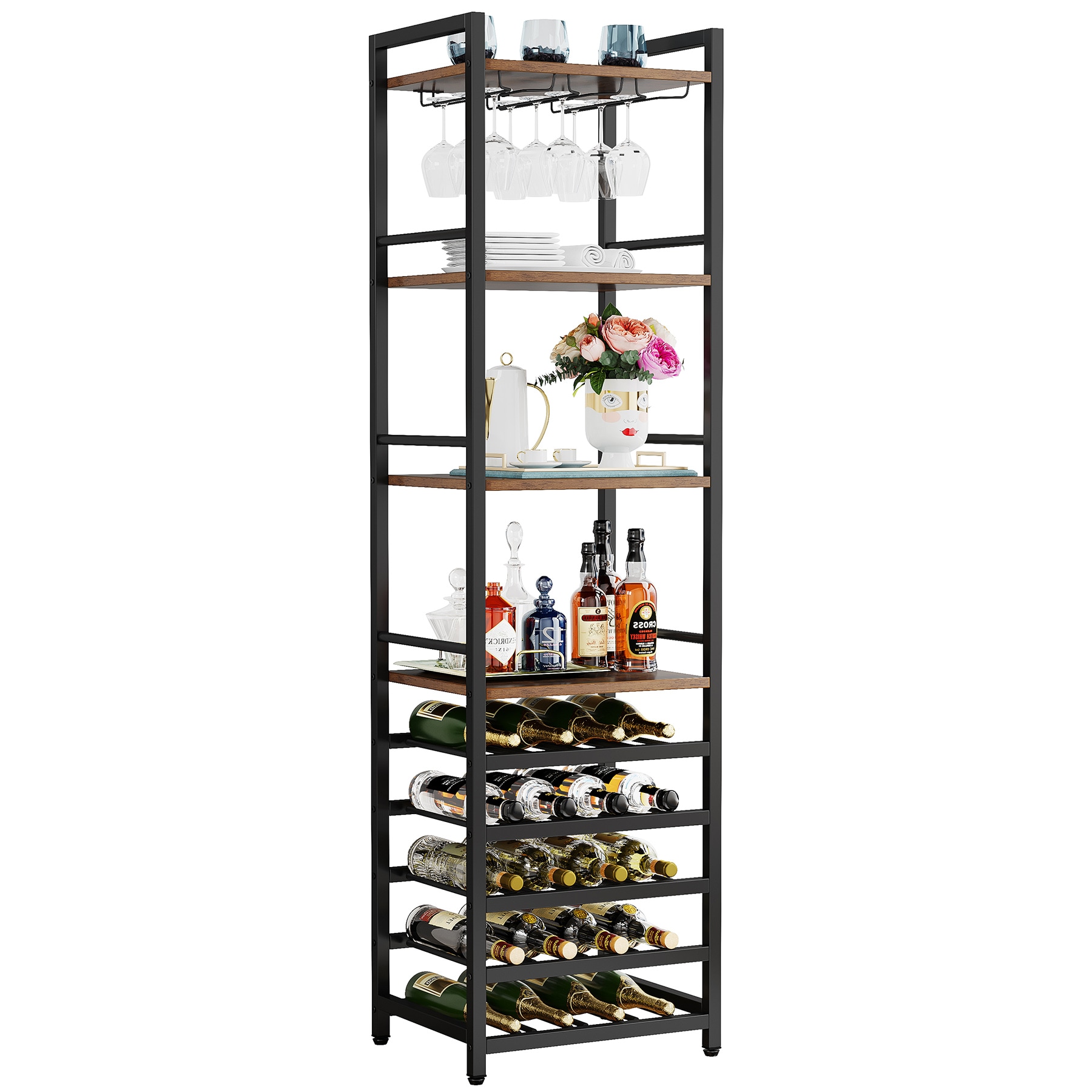 Tribesigns Rustic Brown Wine Rack Table With Glass Holder And Storage Shelves 17 72 In L X 13 78 W 70 87 H Design Freestanding The Department At Lowes Com