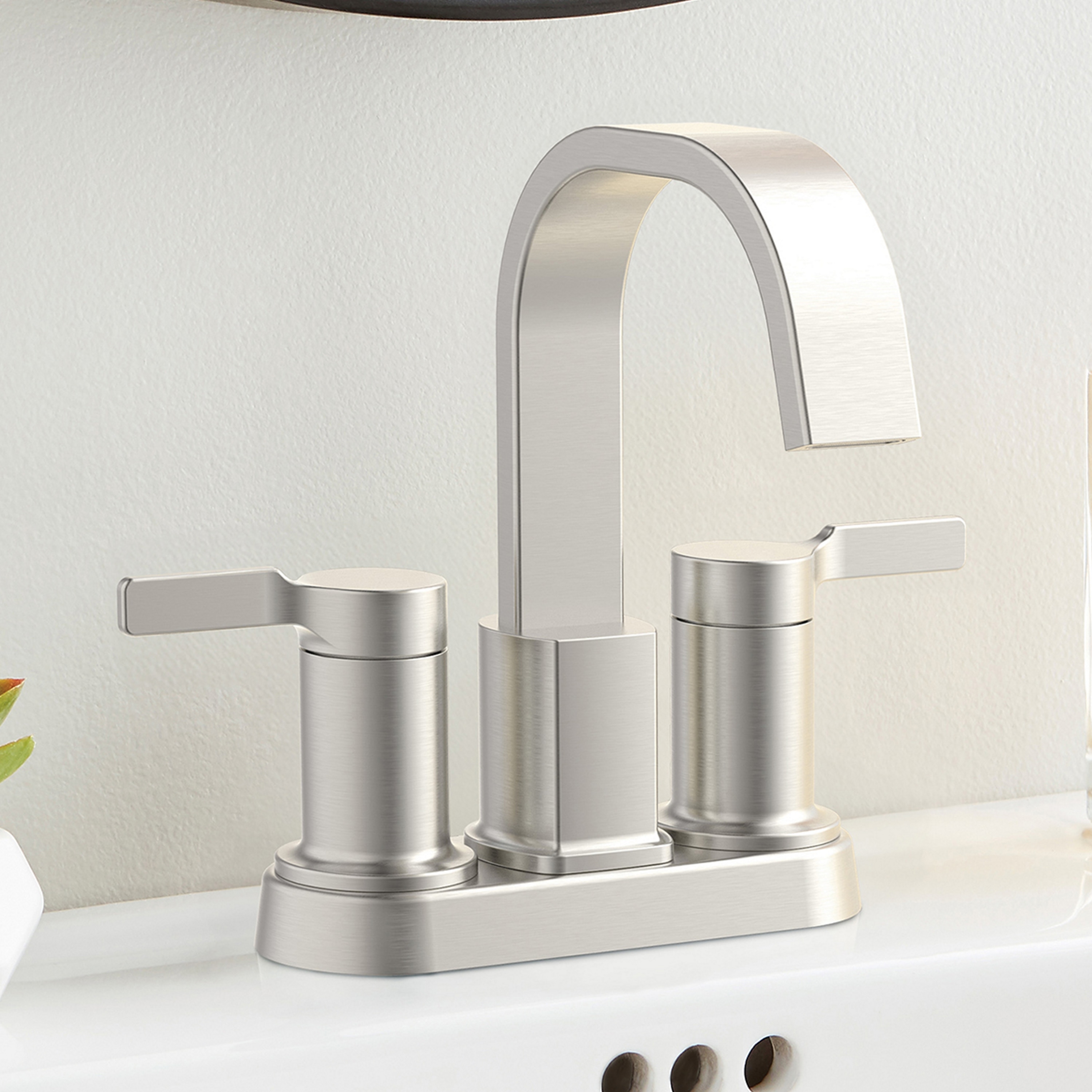 allen + roth F51A1156SP Veda Brushed Nickel 4-in centerset 2-handle WaterSense High-arc Residential Handle Bathroom Sink Faucet with Drain
