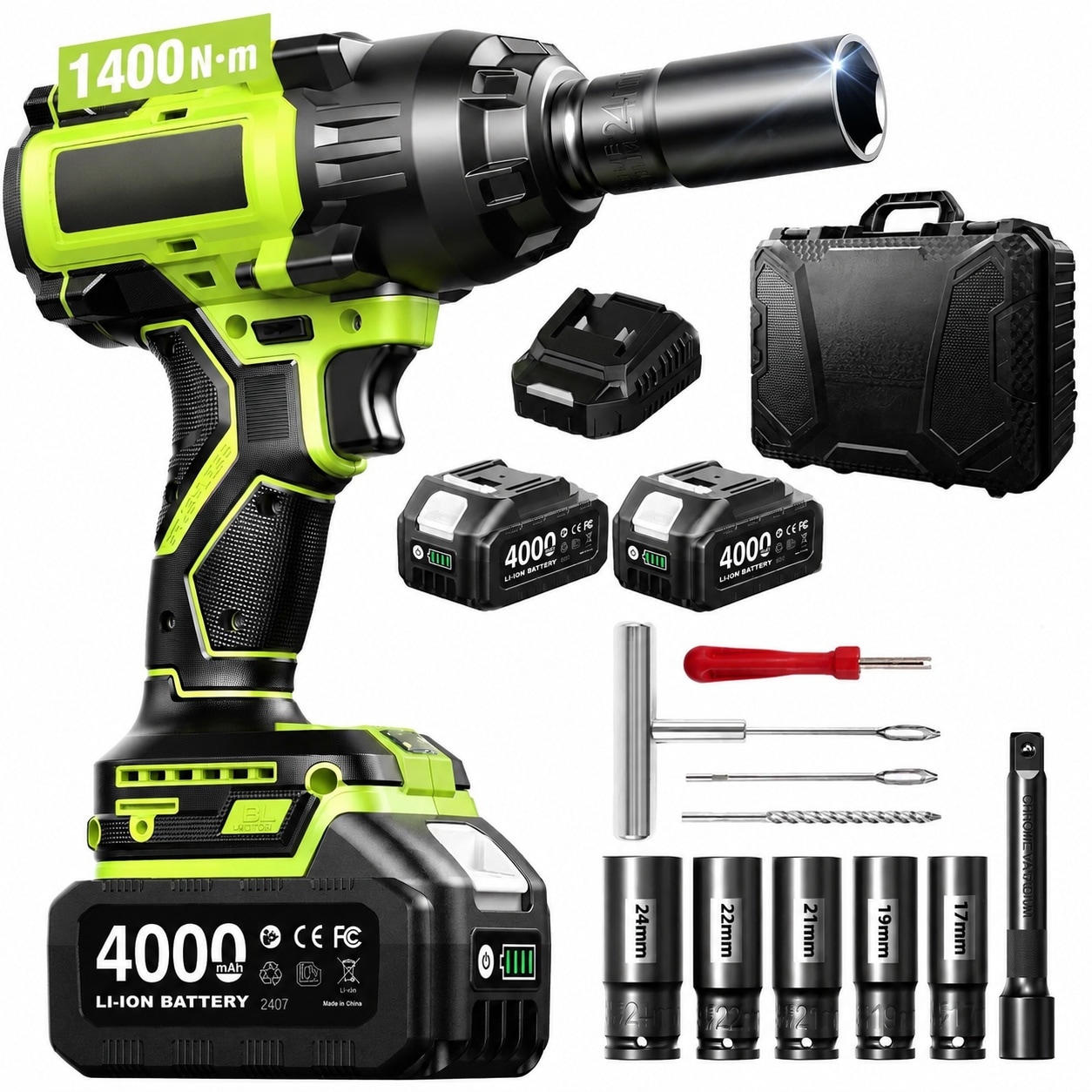 Ahfiwaso  1400N.m 1/2 Inch Cordless Impact Wrench High Torque Brushless Motor with 11 Piece Tire Repair Kit Dual power cells Fast Charger and LED