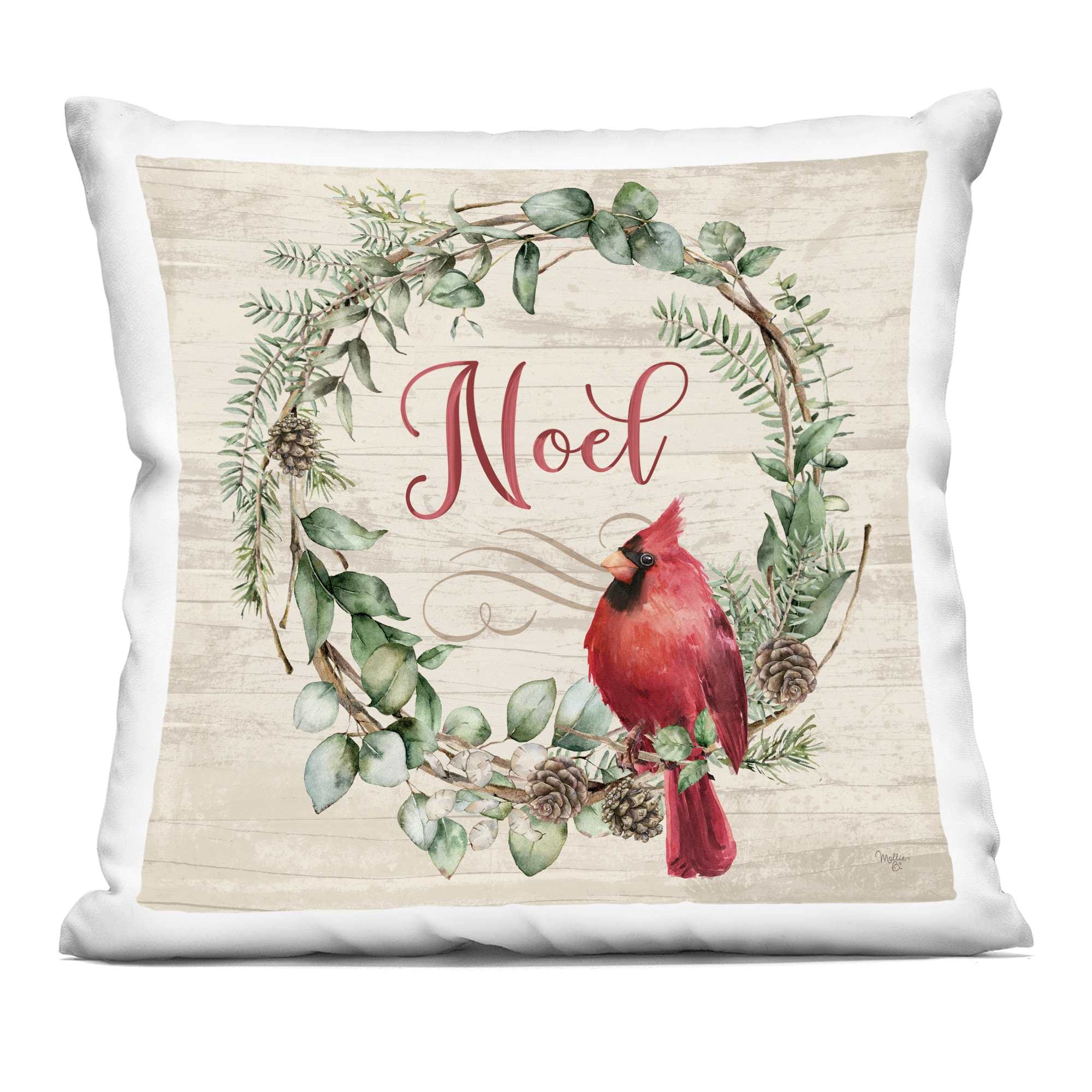 Stupell Industries PLP-149-SQW-18X18 Noel Wreath with Cardinal Decorative Printed Pillow Design by Mollie B.