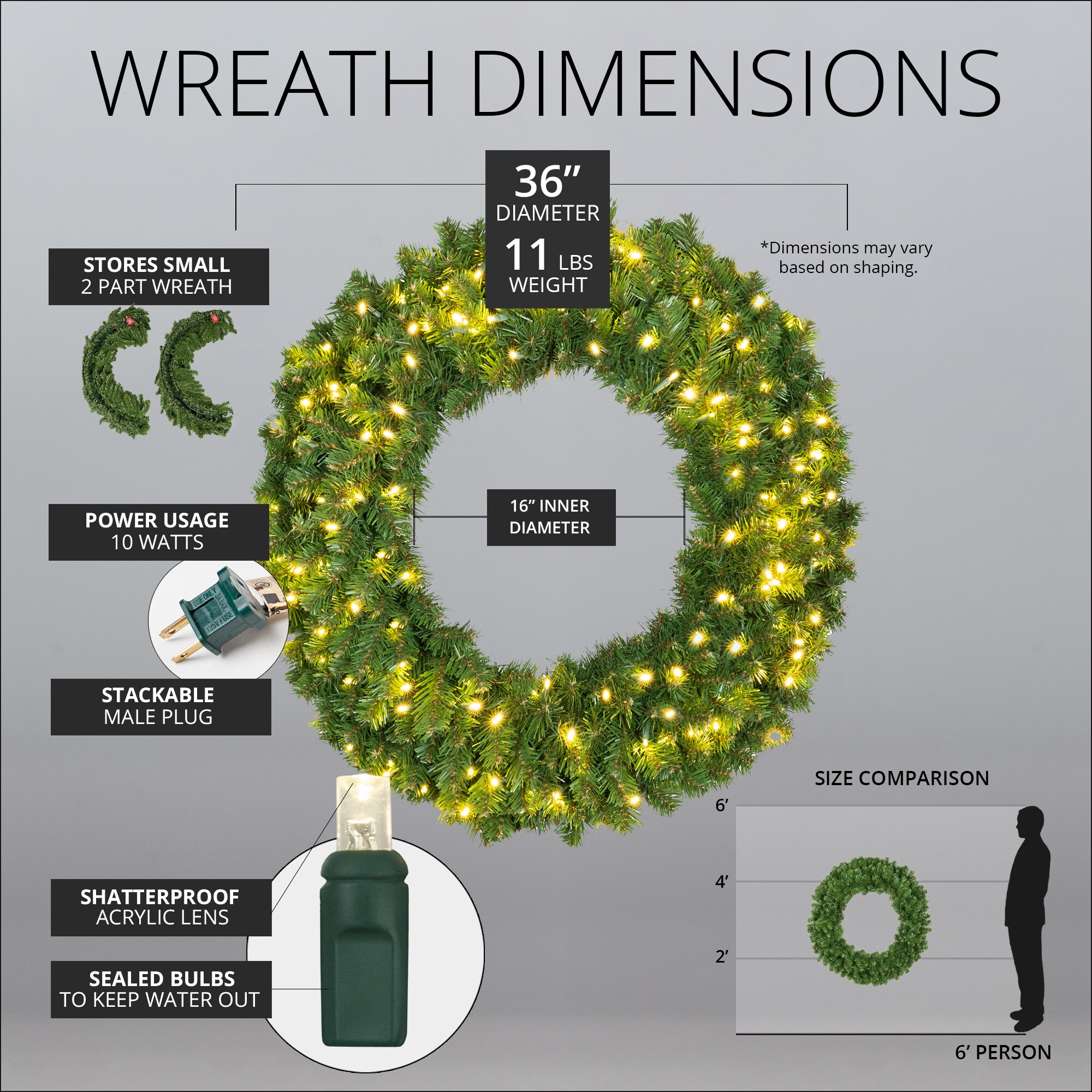36" Green Sequoia Fir Artificial Christmas Wreath with Warm White LED Lights