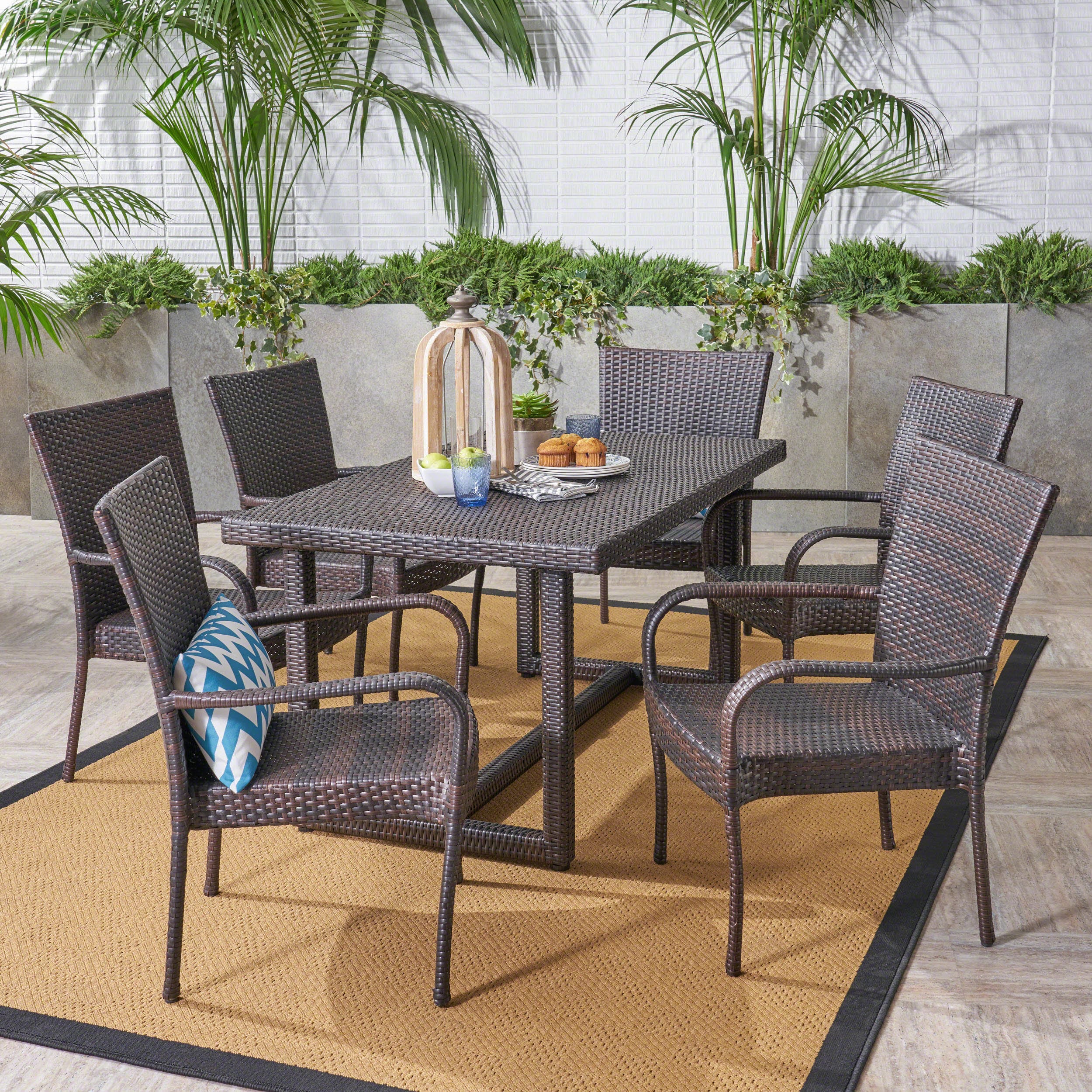 Christopher Knight Home 304725 Melville Outdoor 7 Piece Wicker Dining Set with Rectangular Dining Table Multibrown