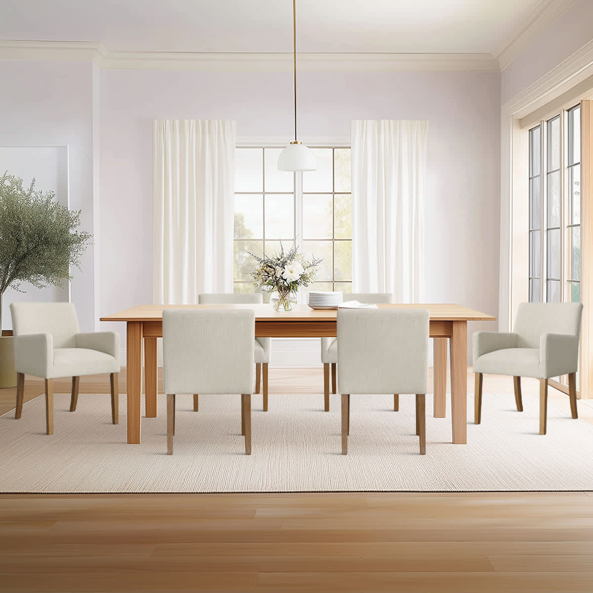 Maison Boucle Set of 6 Modern Beige Dining Chairs with Straight Arms Design Padded Seat Wood Legs for Dining Room