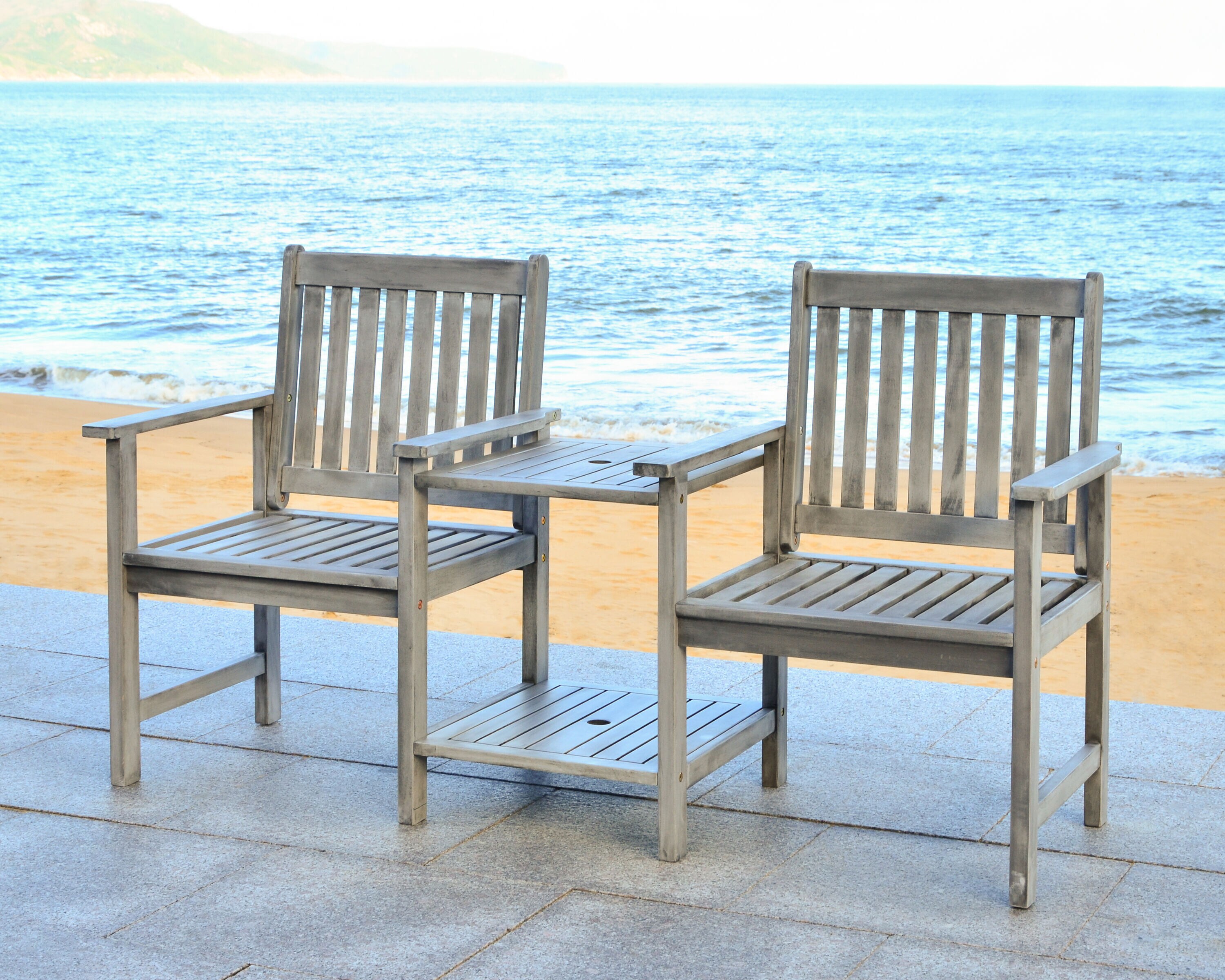 Gray Acacia Twin Seat Bench with Umbrella Table
