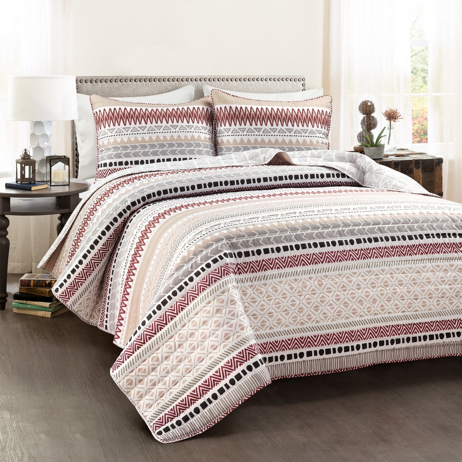 Brick Red and Neutral Microfiber Full/Queen Reversible Quilt Set
