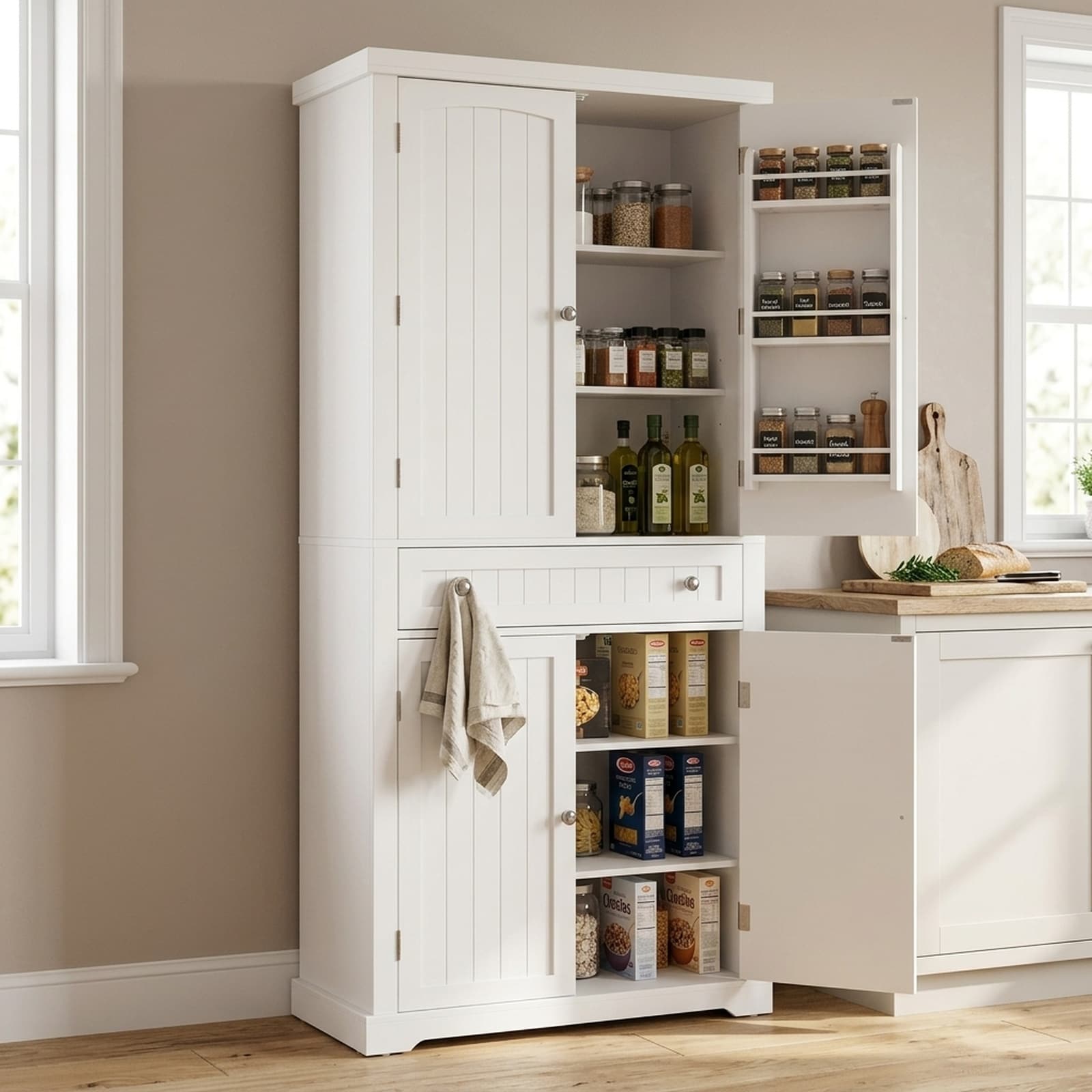 SUGIFT 72-in Tall Kitchen Pantry Cabinet Storage Cabinet with 4 Fluted Doors 6 Door Shelves and Drawer Freestanding Food Pantry Storage Cabinet