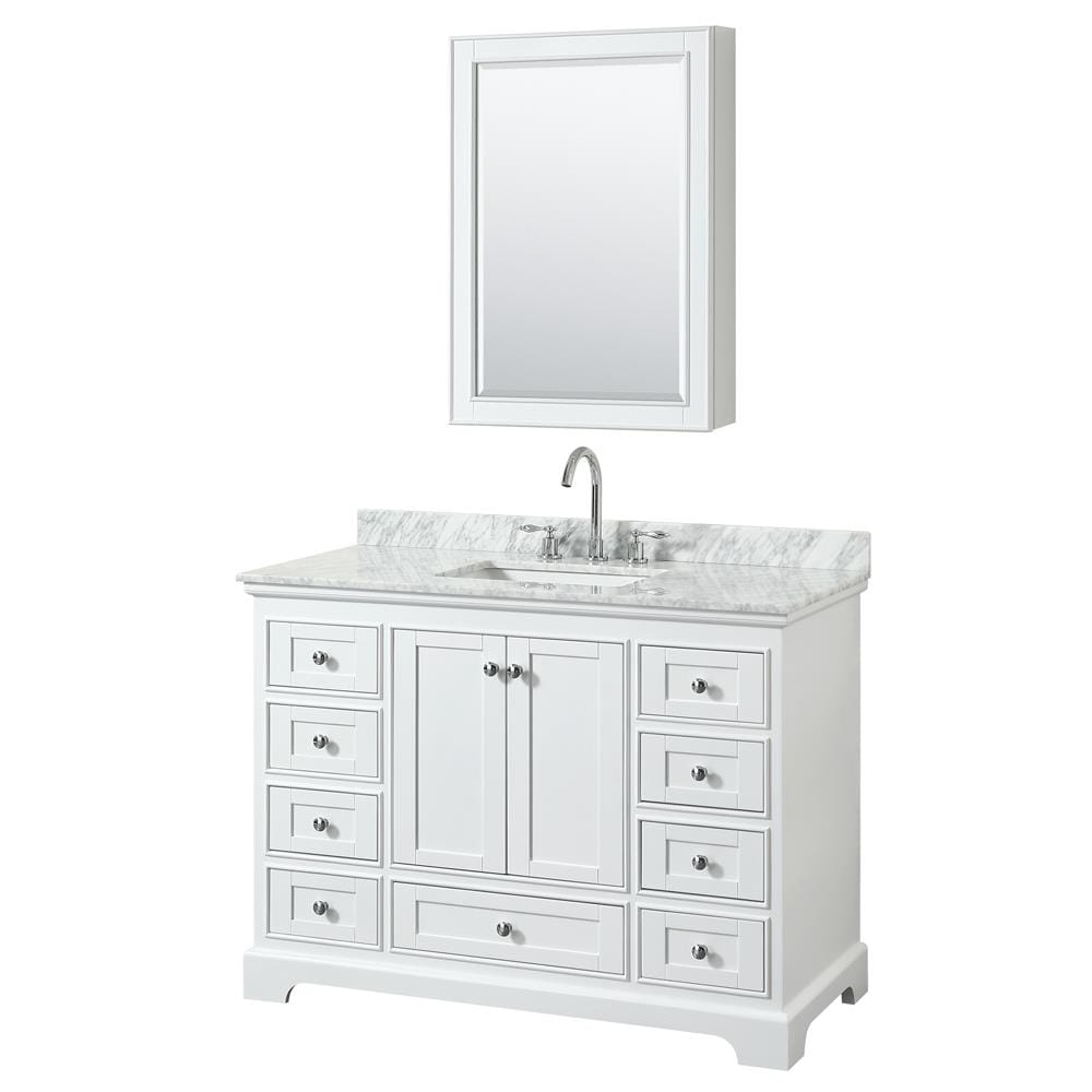 Wyndham Collection WCS202048SWHCMUNSMED Deborah 48-in White with Polished Chrome Trim Undermount Single sink Bathroom Vanity with White Carrara Marble Natural marble Top (Mirror Included)