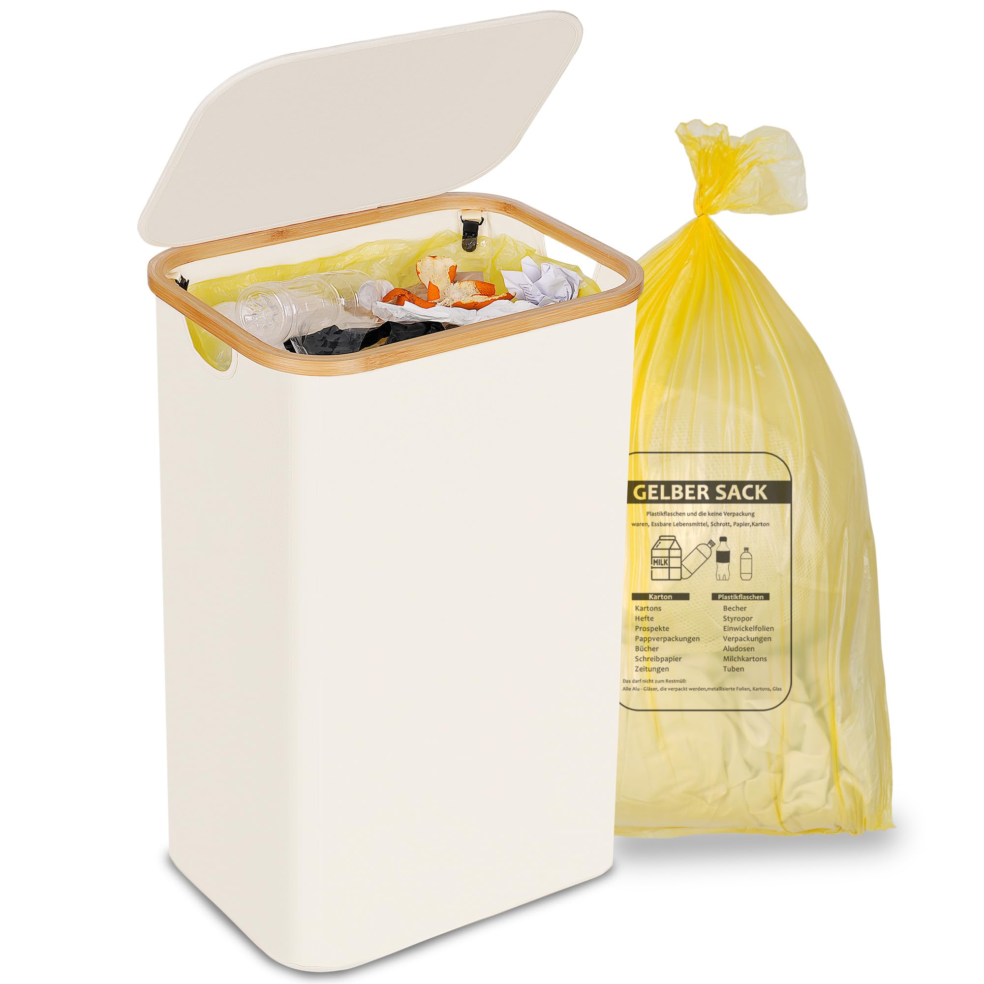 DHMHD  Large Capacity 26 Gallon Trash Can with Lid and Built in Clips Beige Durable Oxford Cloth and Bamboo Recycle Bin Holder for Indoor and