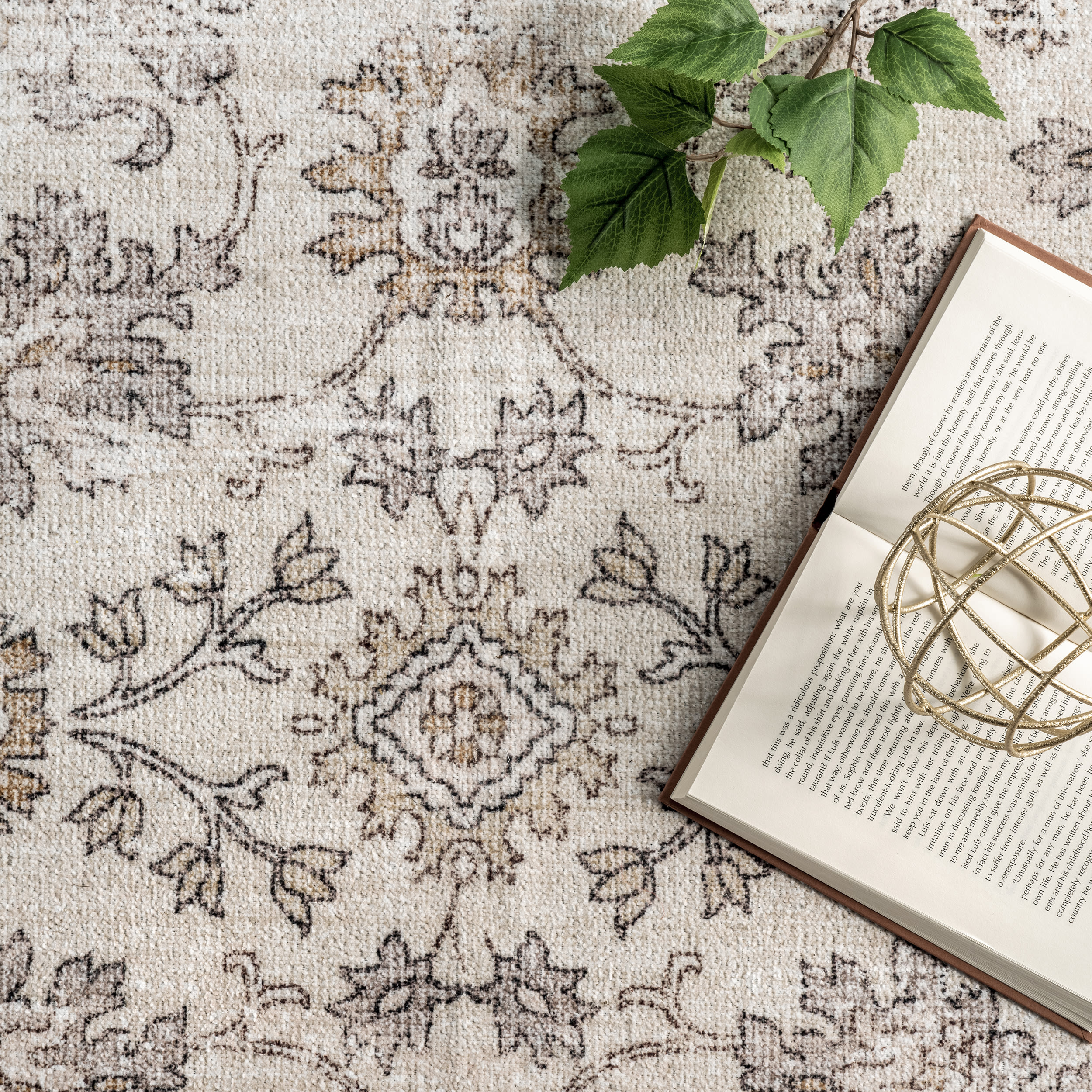 Beige Floral Machine Washable Stain-Resistant Area Rug