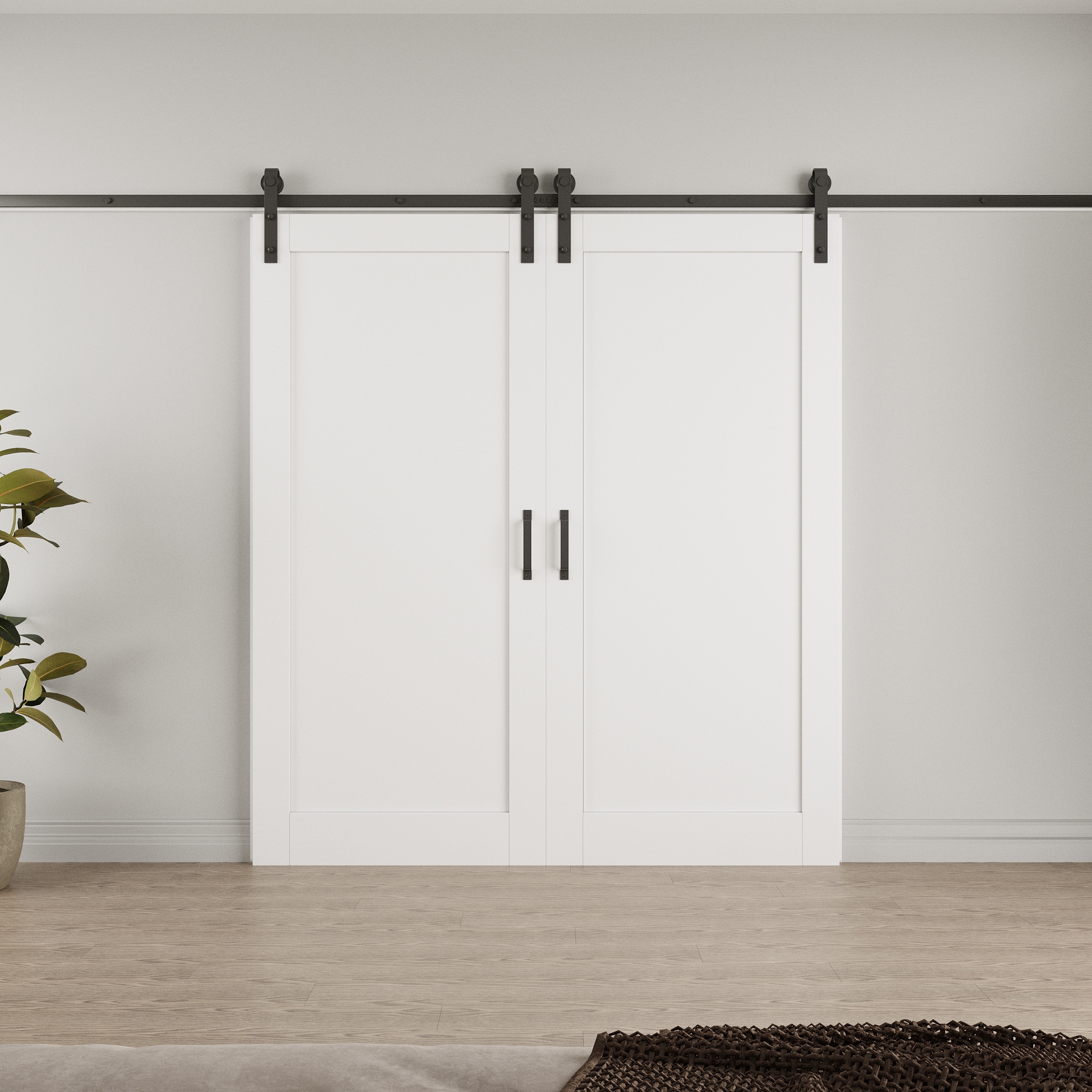 JUJUBON IN-BDWT-DBD-YGXB-72 72-in x 80-in White Square MDF Solid core Double Barn Door (Hardware Included)