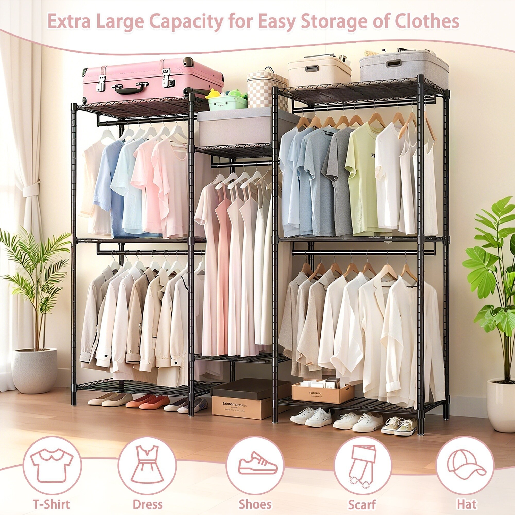 Vorene Black Heavy Duty Adjustable Wire Garment Rack 8 Storage Shelves ...