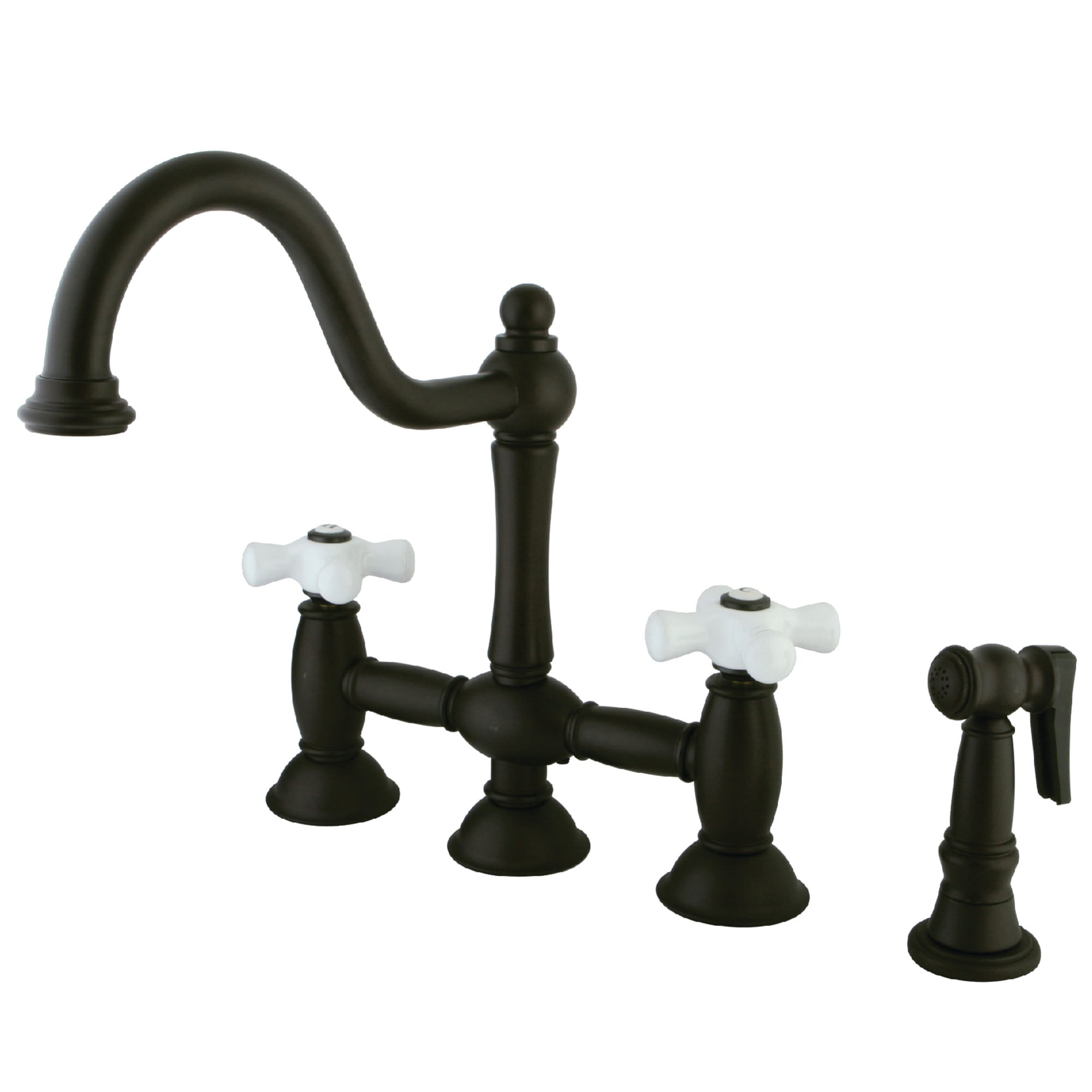 Kingston Brass WLKS3795PXBS Restoration Oil-rubbed bronze Double Handle Deck-mount Bridge Kitchen Faucet with Sprayer ( Side Sprayer Included )