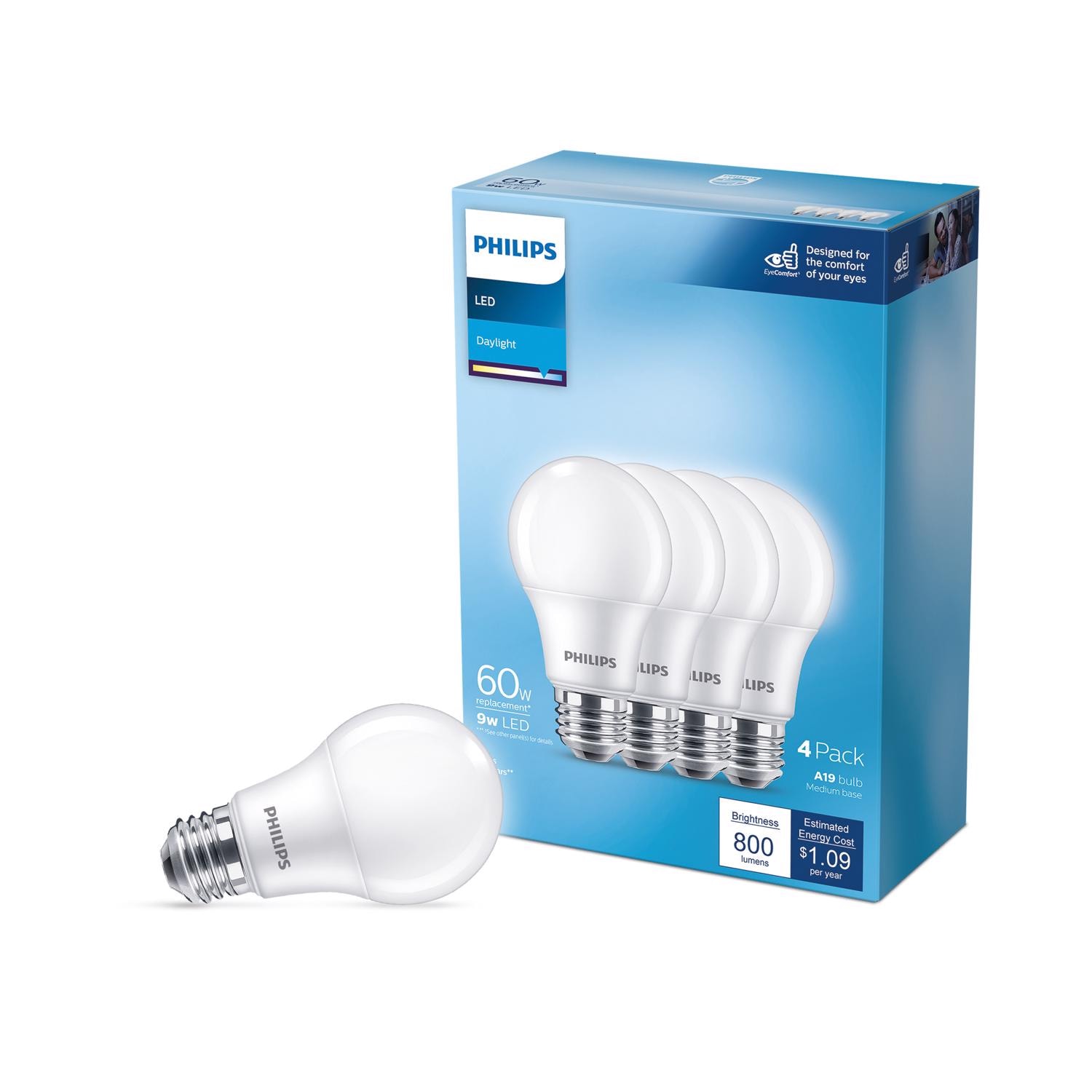 Philips EJD3014742 A19 E26 Medium LED Bulb Daylight 60 Watt Equivalence 4 pk