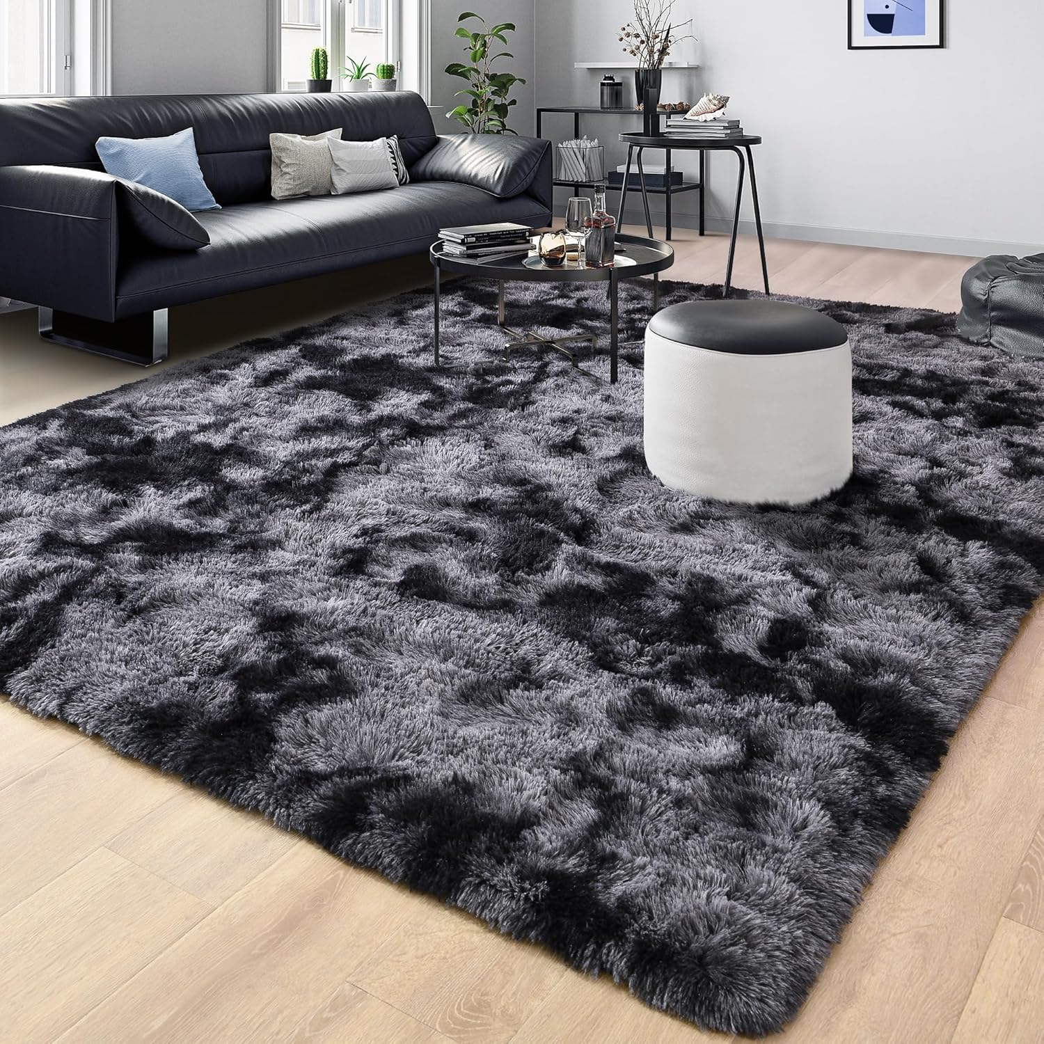 WISH TREE Area Rugs for Living Room 8x10 Feet Soft Black Grey Rug for Bedroom Modern Fluffy Plush Carpet for Room Dorm Home Decor