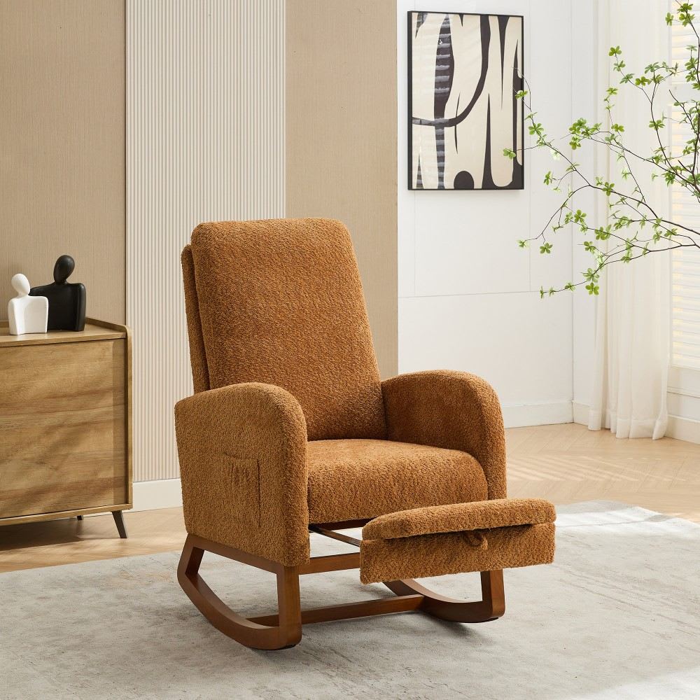 Coolbibila Caramel Boucle High Back Rocking Chair with Retractable ...
