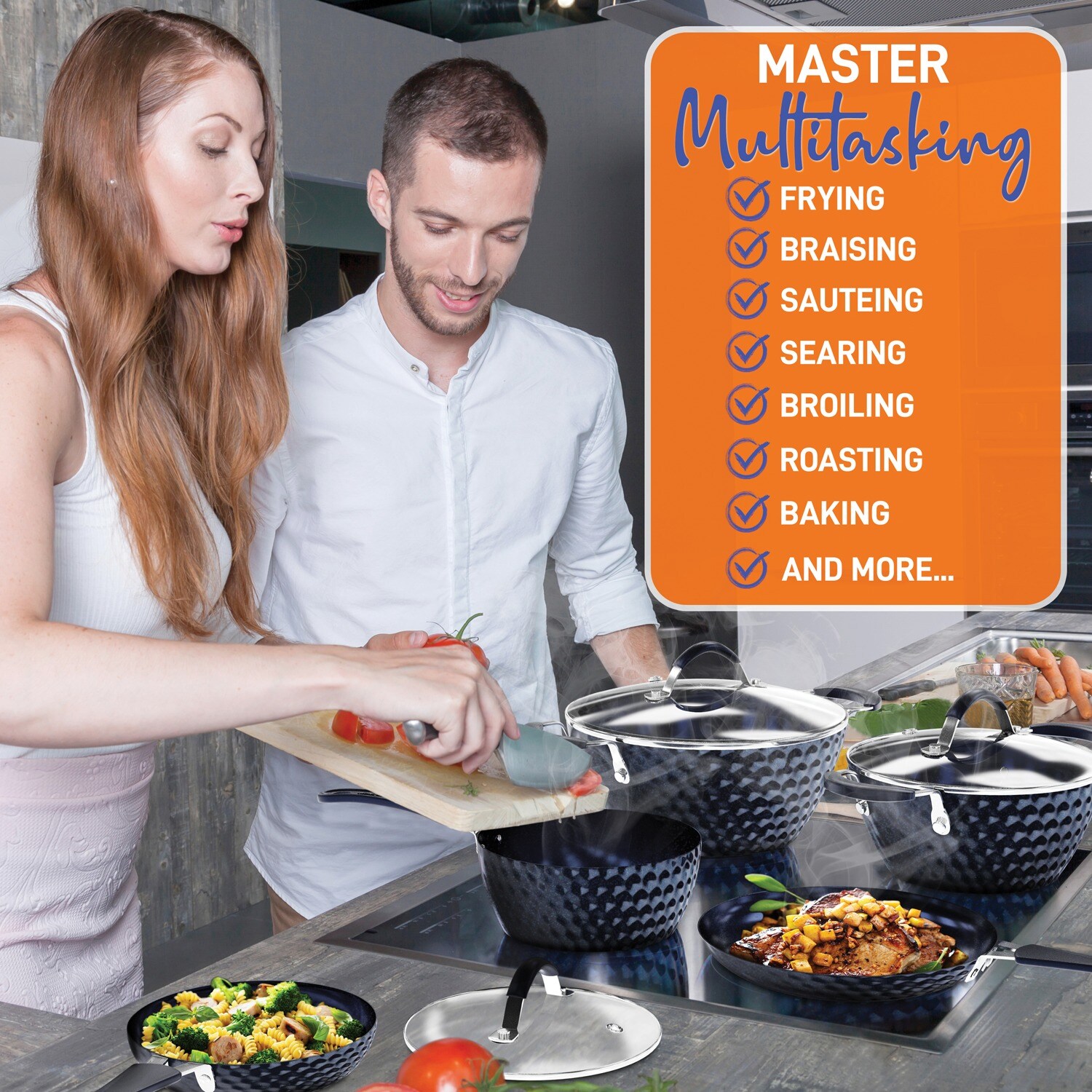 NutriChef 11-Piece Navy Blue Nonstick Aluminum Cookware Set with Utensils