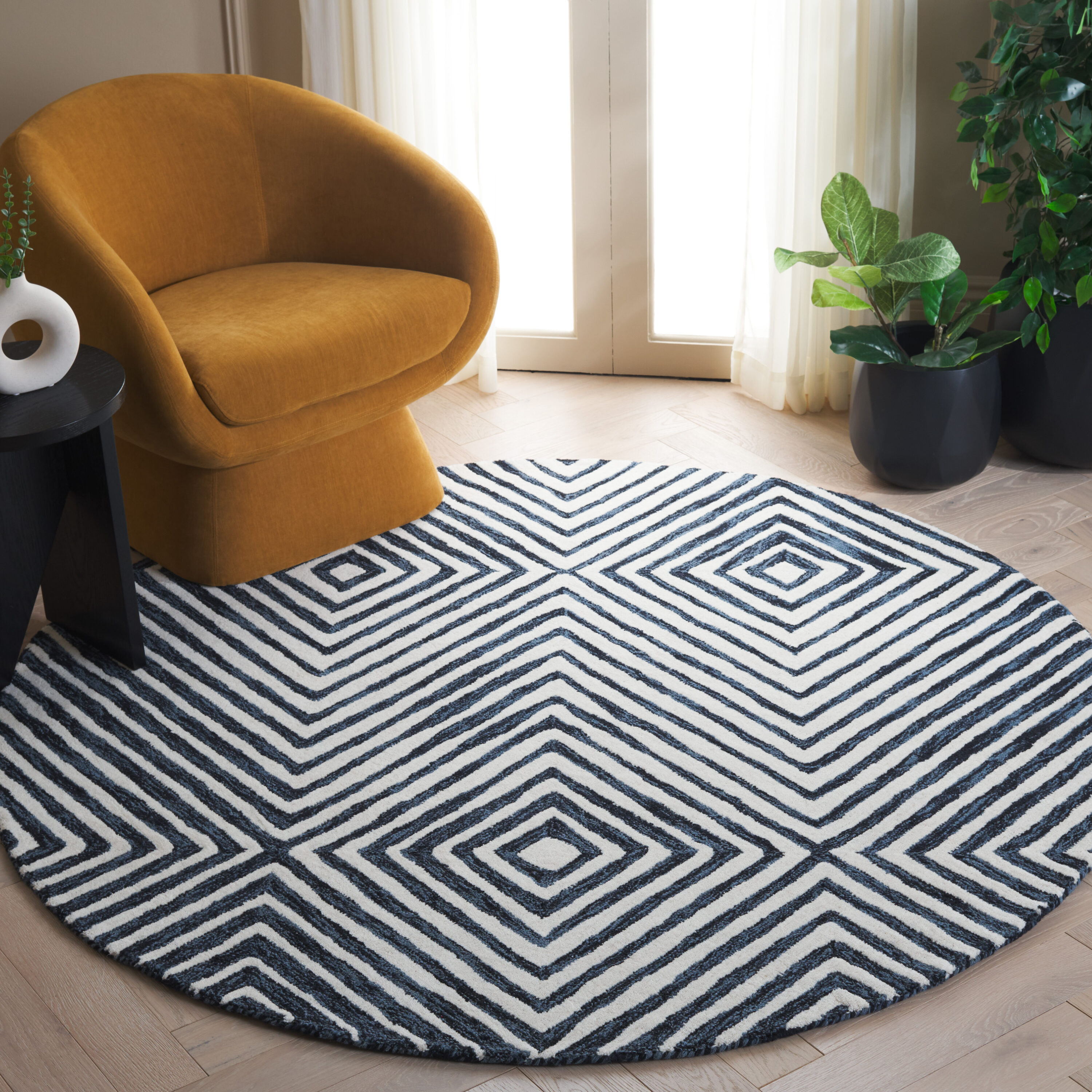  Ebony 150 Navy/Ivory Contemporary 6ft x 6ft Round Rug