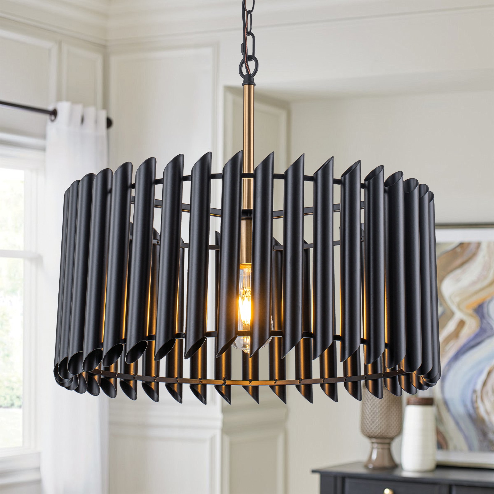 MENCOLULU 19.69 inch Slatted Drum Pendant Light 1 -Light Matte Black Industrial Metal Drum Large Hanging Convertible pendant/Semi-flush Light