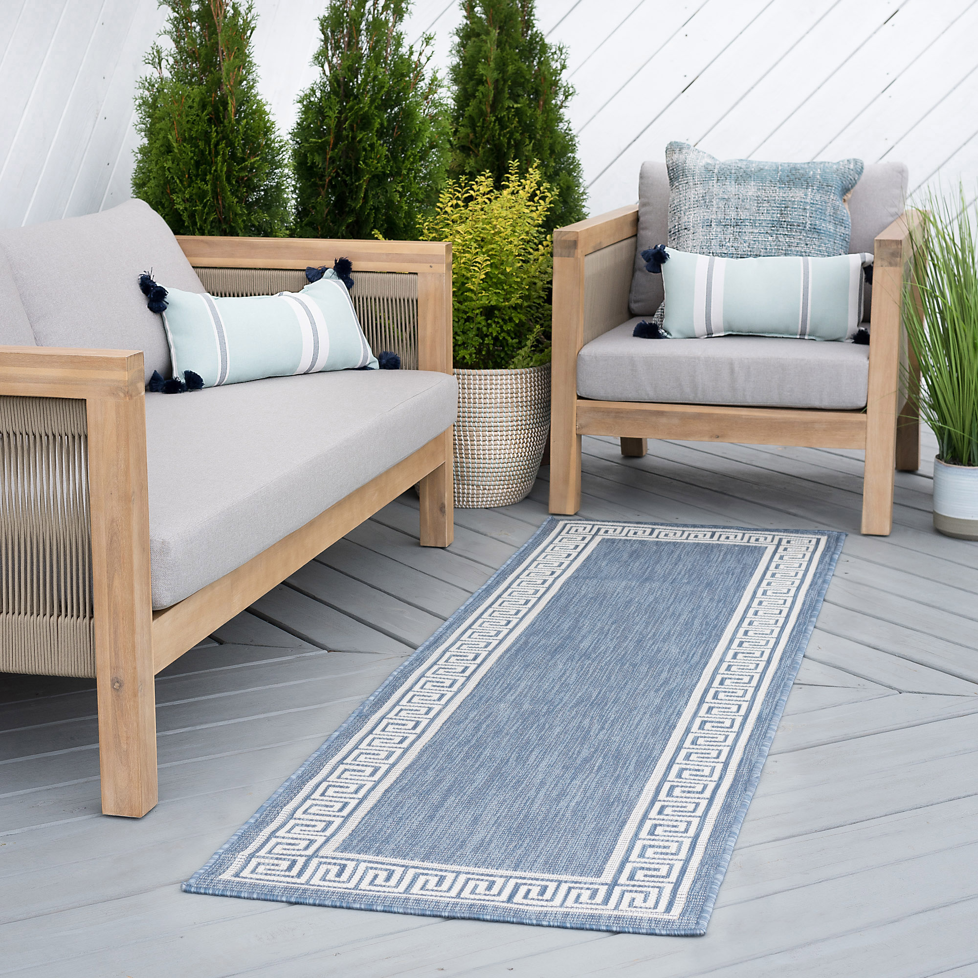 Tayse ECO1002 3X10 Eco 3 x 10 (ft) Flatweave Polypropylene Blue Rectangular Indoor/Outdoor Border Coastal Runner rug
