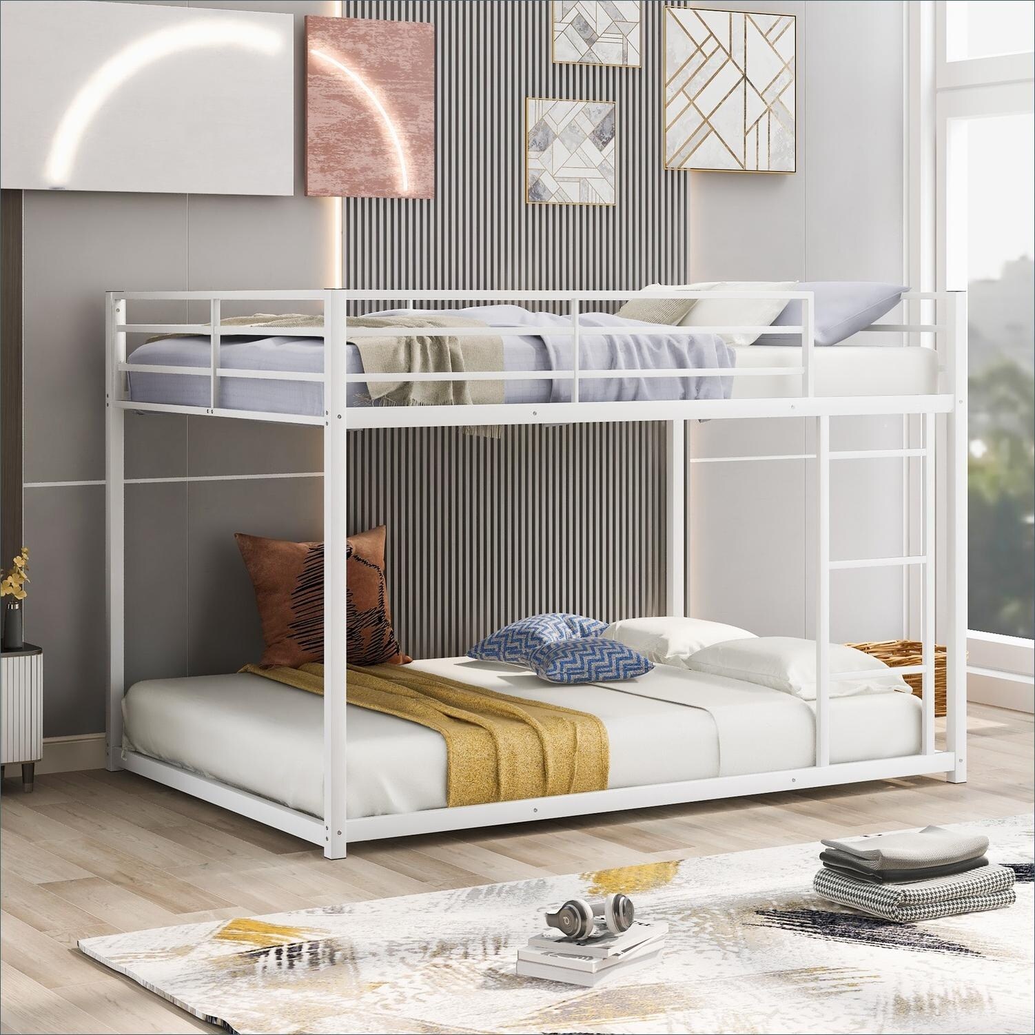 Watnature White-Toned Low Bunk Bed Full Over Full Metal Frame Space ...