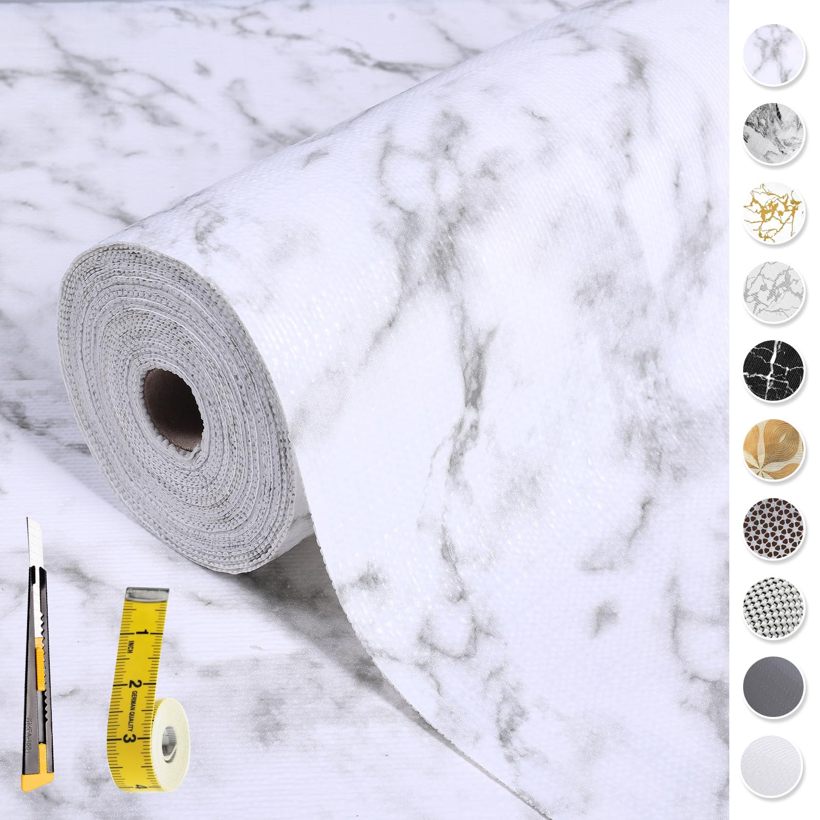 Etokfoks  1 Roll 2 Layer Drawer and Shelf Liner 12 in x 20 ft Non Slip Waterproof Non Adhesive White Marble for Kitchen Cabinet Bathroom Includes Knife Tape Measure