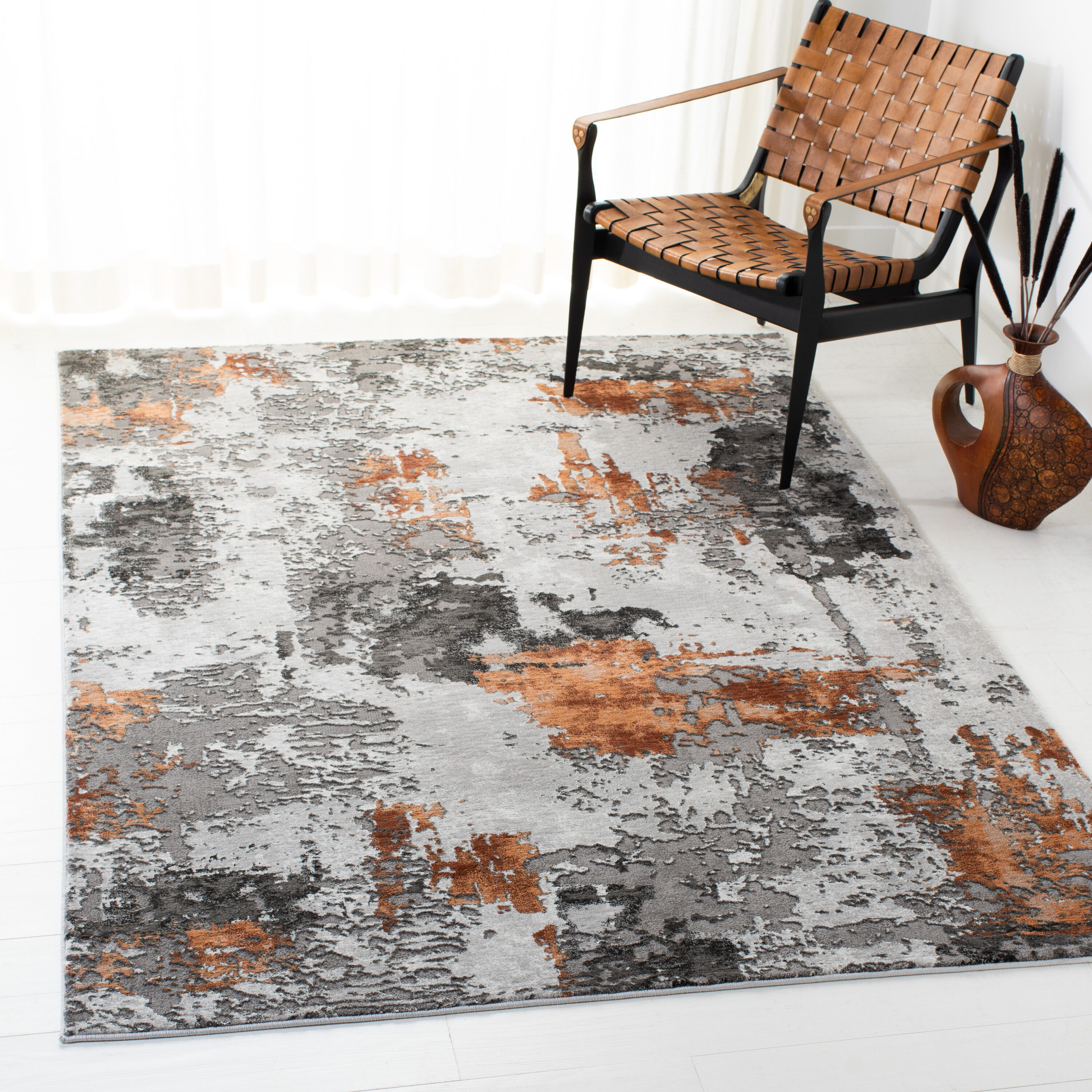 Craft 7 x 9 (ft) Loomed Polyester/Polypropylene Grey/Orange Rectangular Indoor Abstract Mid-Century Modern Spot Clean Only Area rug