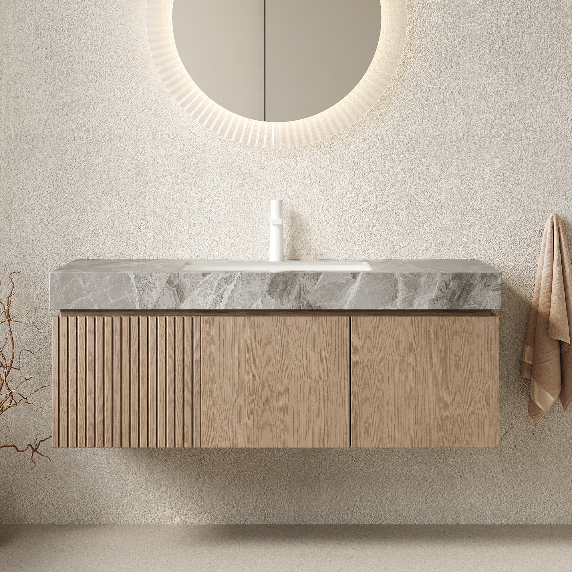 Vynxaria MURI 48-in Bathroom Vanity and Sink Floating Plywood Storage Cabinet with Drawer and Doors Light Gray Sintered Stone Top and Ceramic Basin with 1 Pre-drilled Faucet Hole Pre-assembled Heidelberg Woodgrain Color