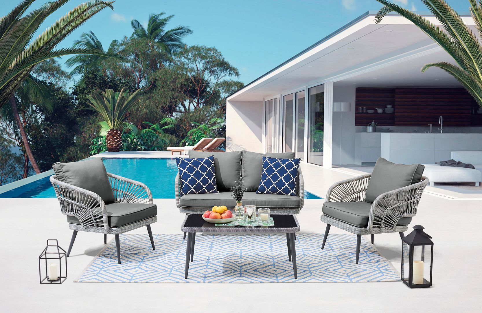 Manhattan Comfort OD-CV016-GY Monaco 4 -Piece Wicker Patio Conversation Set with Gray Cushions