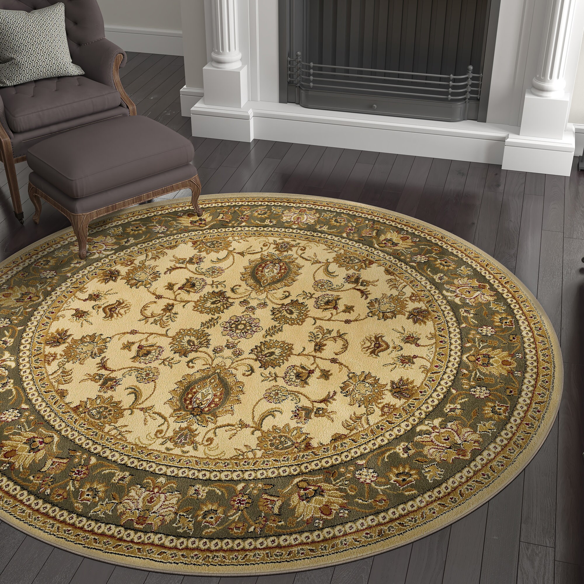 Tayse SNS4722 8RND Sensation 8 x 8 (ft) Loomed Polypropylene Ivory Round Indoor Border Oriental Area rug