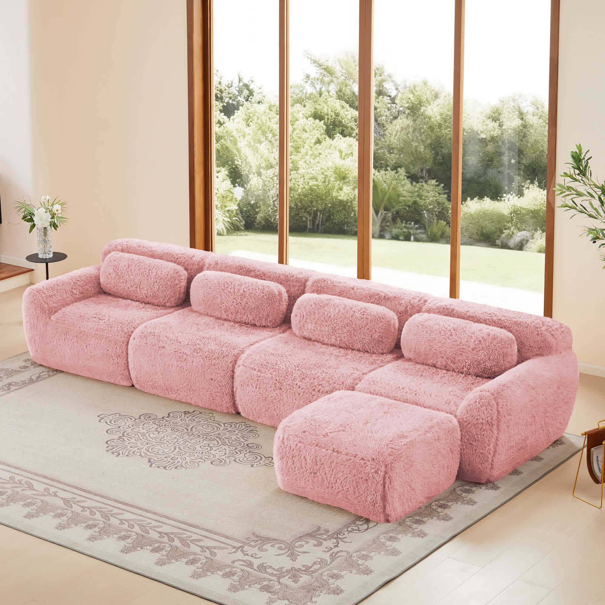 Misty Moon 149 inch Pink Khaki L-shaped Plush Fabric Sectional