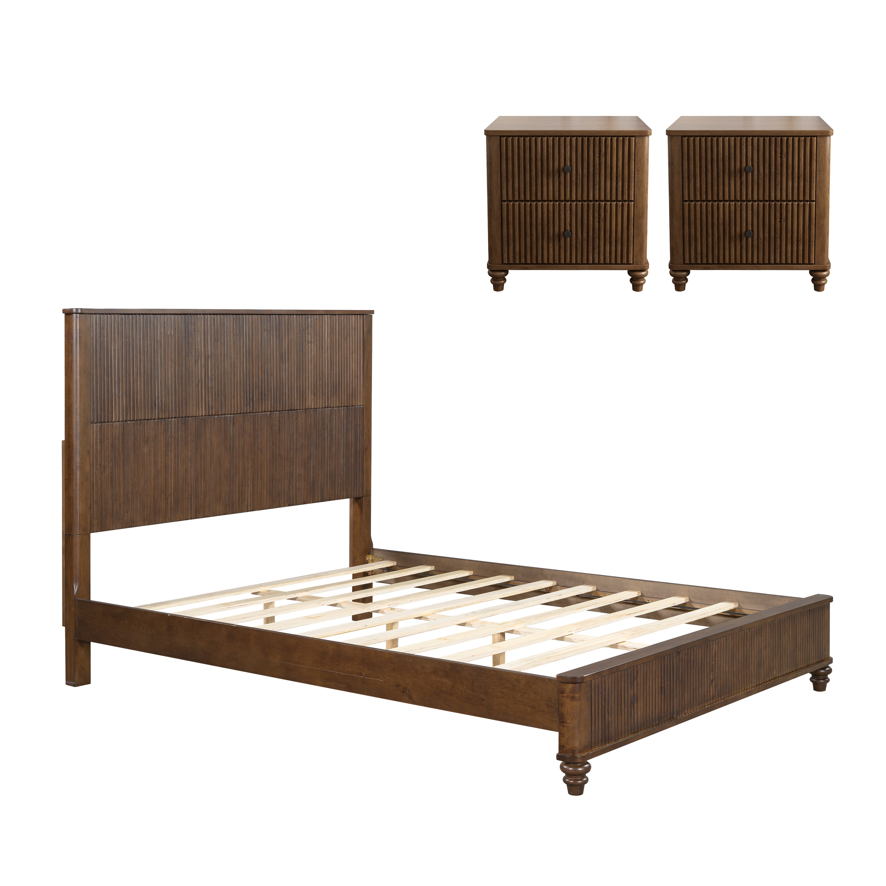 GDFStudio - 3-Piece Bedroom set with a Queen Size Bed and 2 Nightstands Walnut Brown