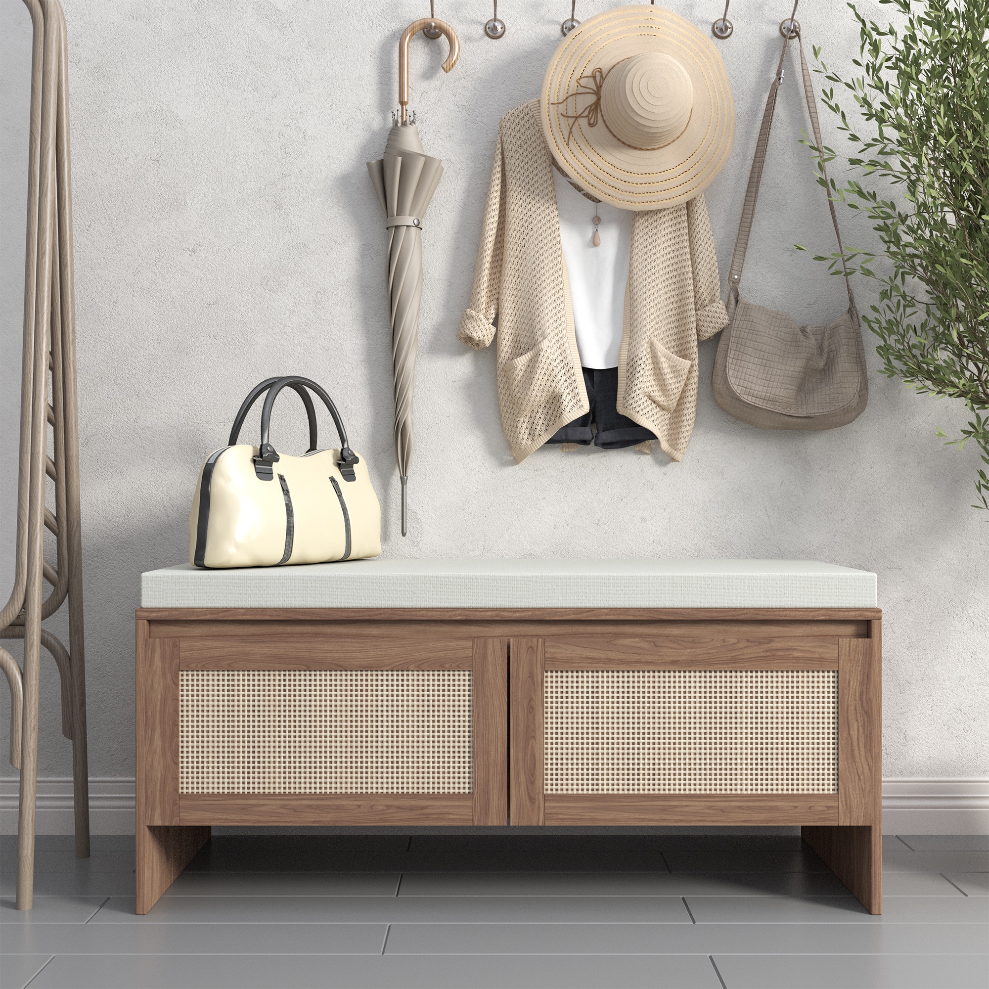 Huluwat PP Rattan Storage Bench with Cushion Faux Rattan Shoe Cabinet with 2 Doors Mid-Century Modern Wood Entryway Seat for Bedroom Hallway Mudroom Natural Finish