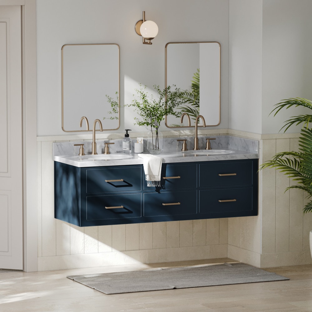 Forclover Solid Wood Bathroom Vanity 60-in Navy Blue Undermount Double Sink  Floating Bathroom Vanity with White Quartz Top in the Bathroom Vanities  with Tops department at