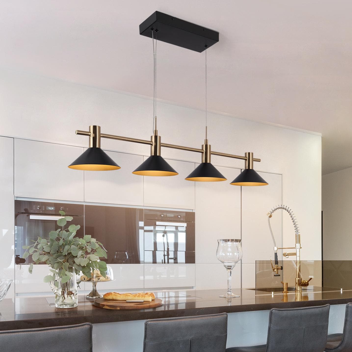 ZEVNI L3BJYVVQW4429SS7 Linekia Transitional 4 -Light Matte Black/Polished Brass Light For Dining Table Industrial Linear Integrated LED Large Hanging Kitchen island light