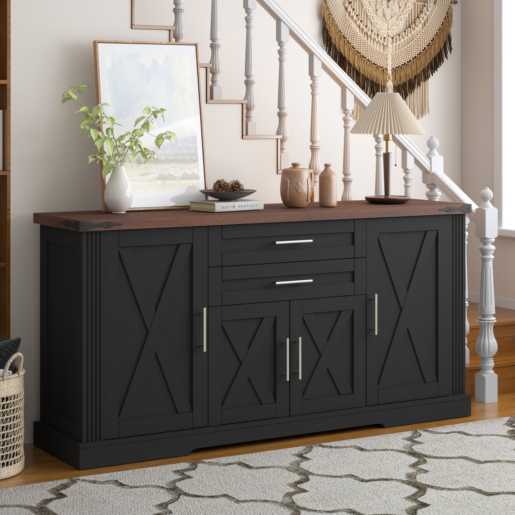 GlasFlength  63-Inch Farmhouse Barn Door Storage Cabinet With Drawers And Door Rack Adjustable Shelves for Kitchen Living Room Entryway Dining Room Black