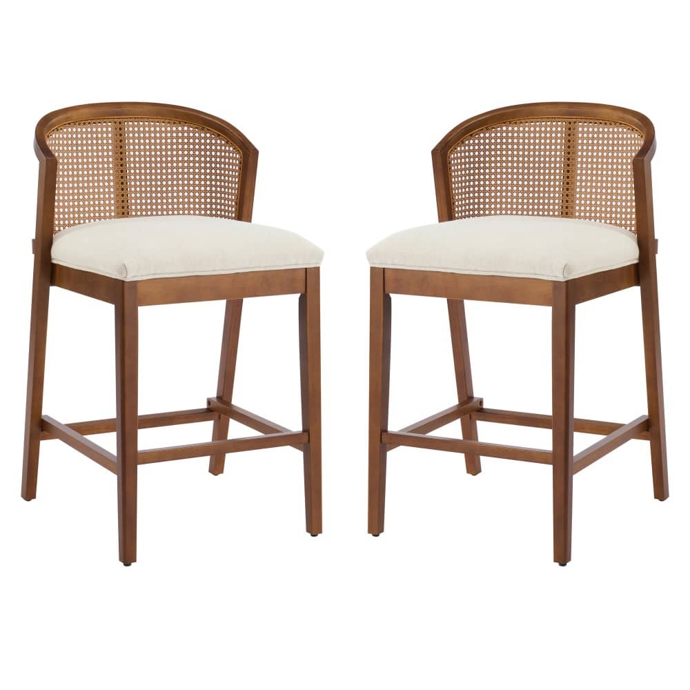 Coolbibila HAZEL-STOOLS-BEIGE Set of 2 Walnut Counter Height Bar Stools Rattan Back Beige Upholstered Curved Seat for Dining Room