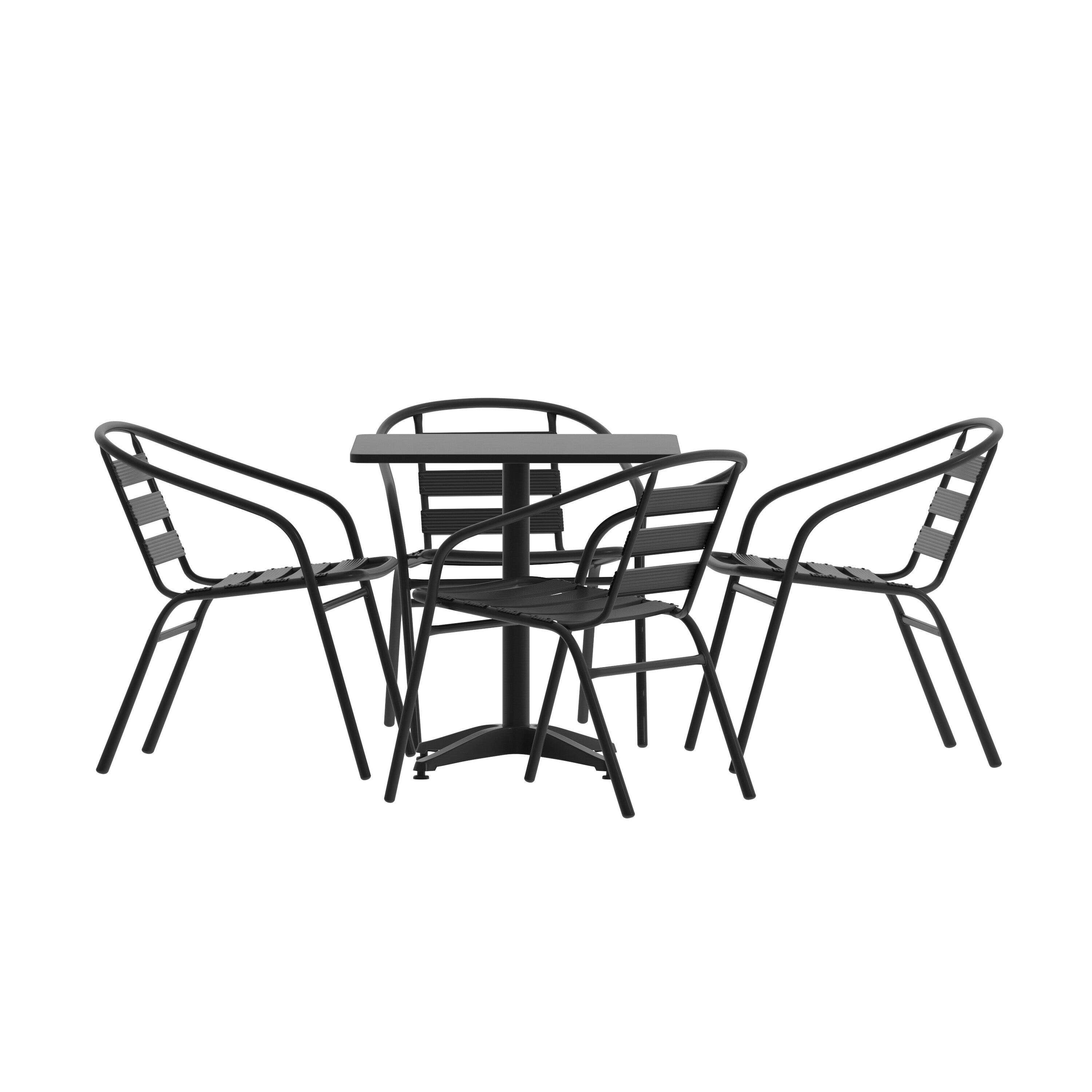 Emma + Oliver 196861121975 Rhea 27.5-in Black Square Aluminum Indoor-Outdoor Table Set with 4 Black Slat Back Chairs
