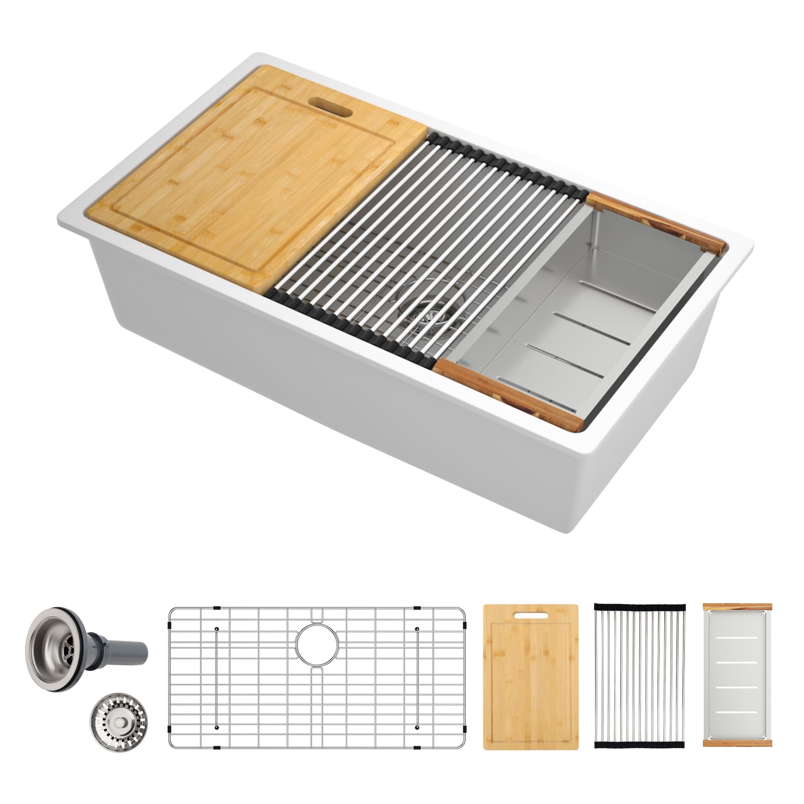 Aoibox  32 in Dual Mount Single Bowl White Granite Quartz Composite Ledge Workstation Undermount Kitchen Sink