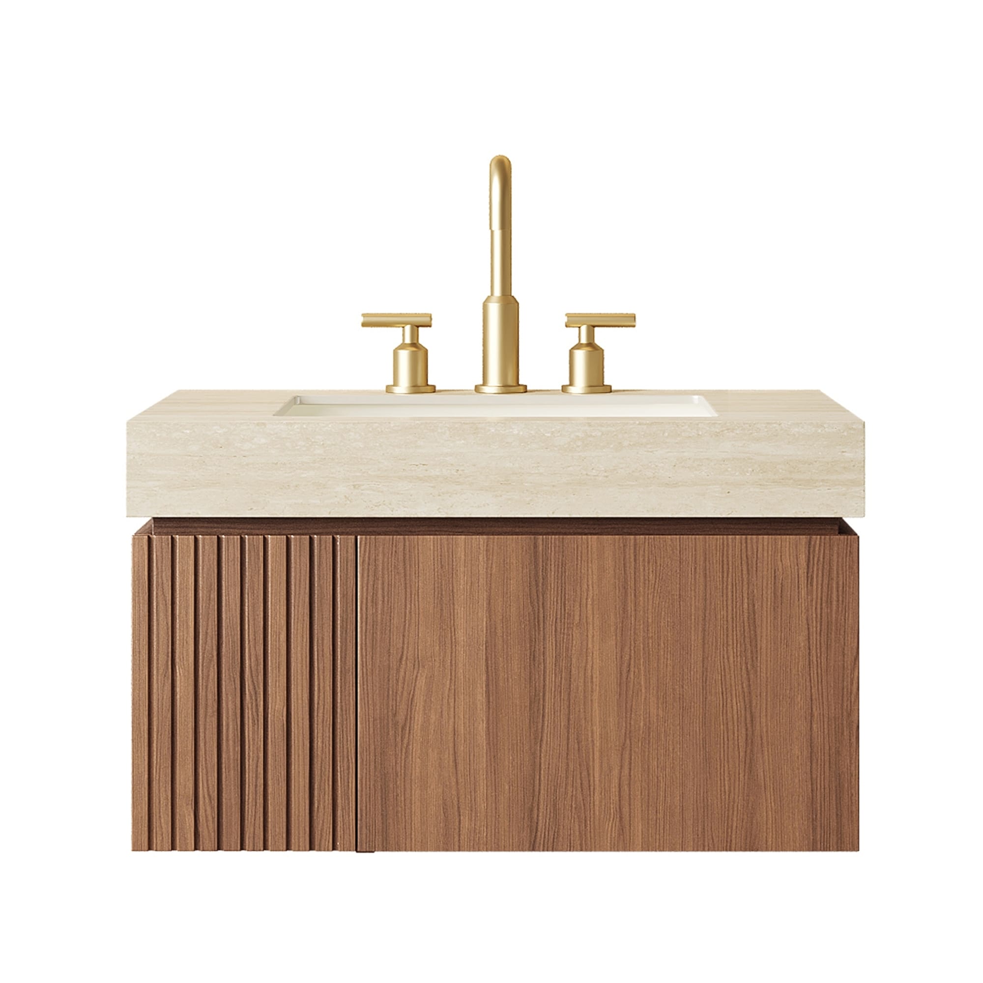 Wooakway - 30-in Floating Bathroom Vanity with Sink Brown Oak Woodgrain Plywood Cabinet Roma Trav...