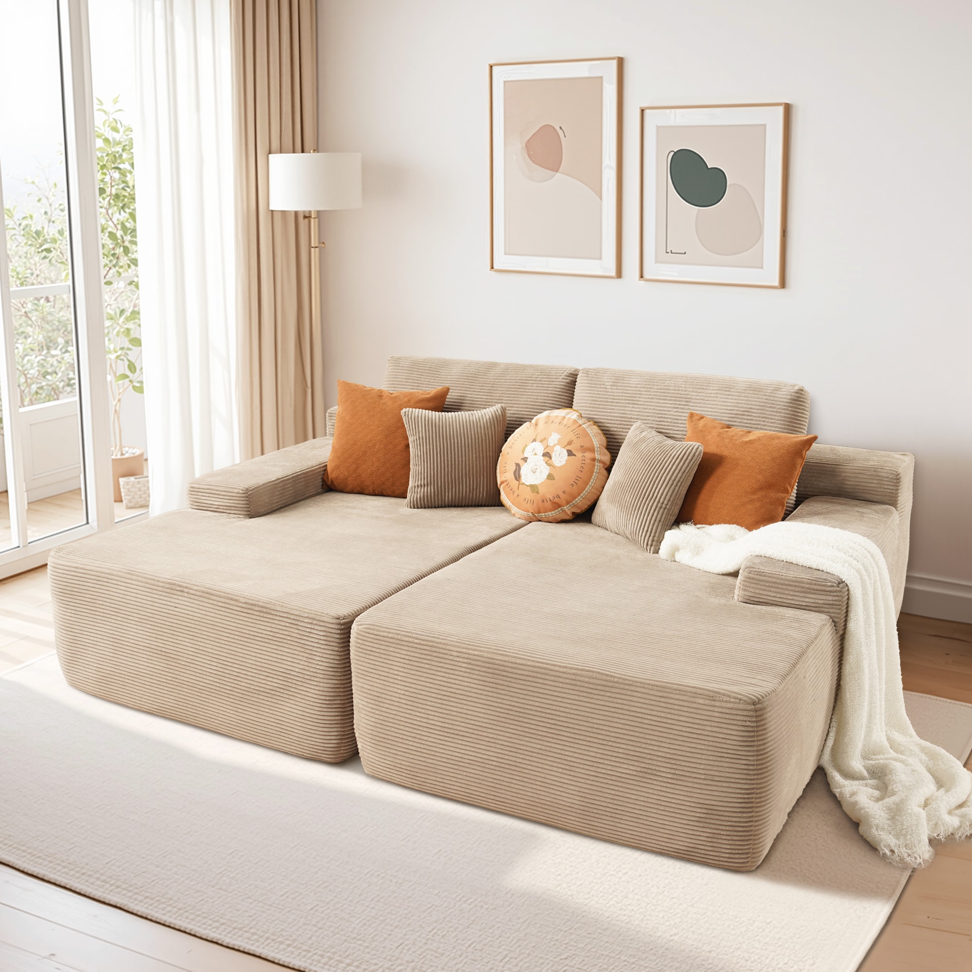 Pouuin SAS800 81.1-in Modern Camel Corduroy Sectional