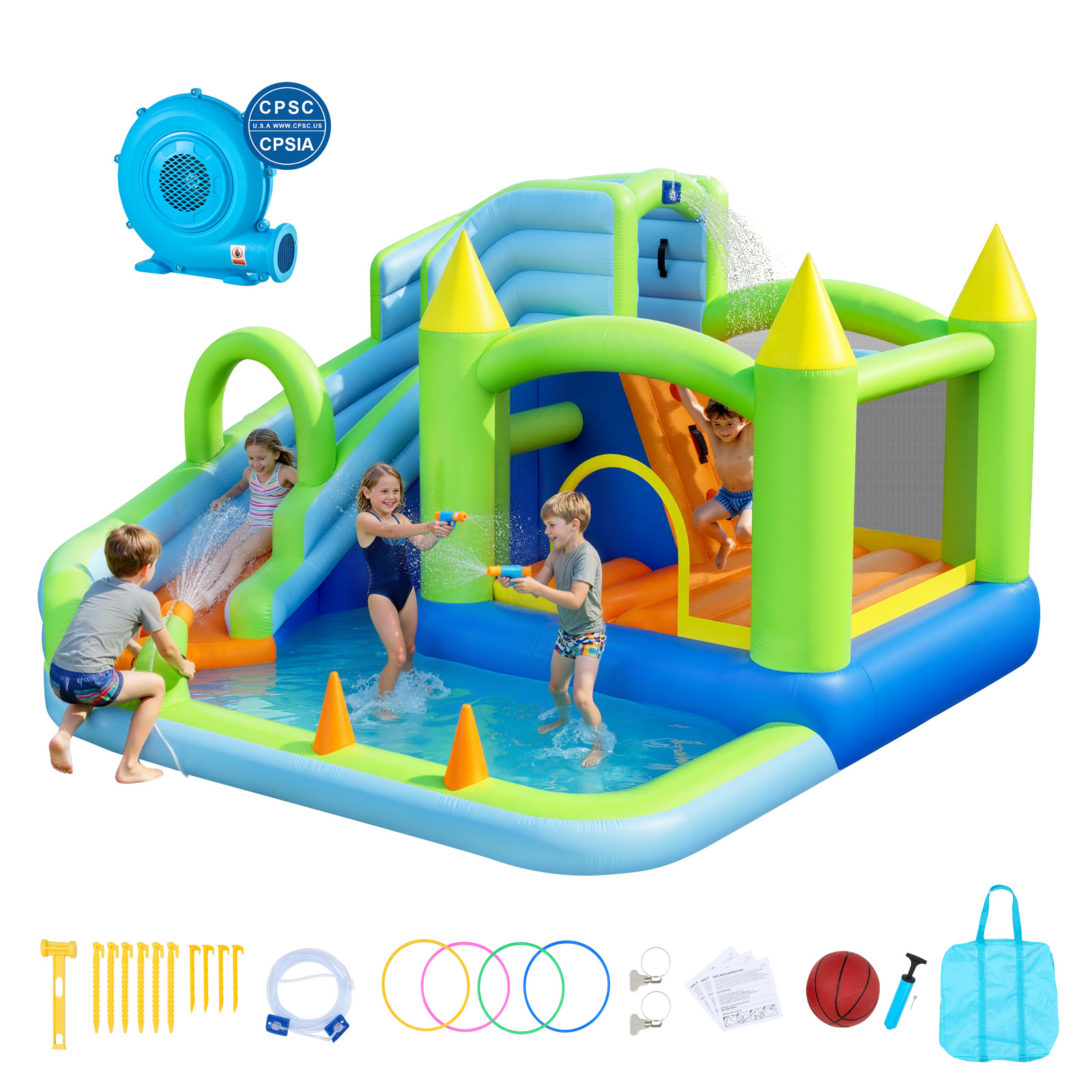 VEVOR Inflatable Bounce House 11.3 x 12.3 x 7.0 ft Inflatable Bounce House Water Slide Bouncer Castle with Castle Bounces Basketball Hoop Splash Pool and Water Ring Toss for 3 to 4 Kids Ages 3 to 8