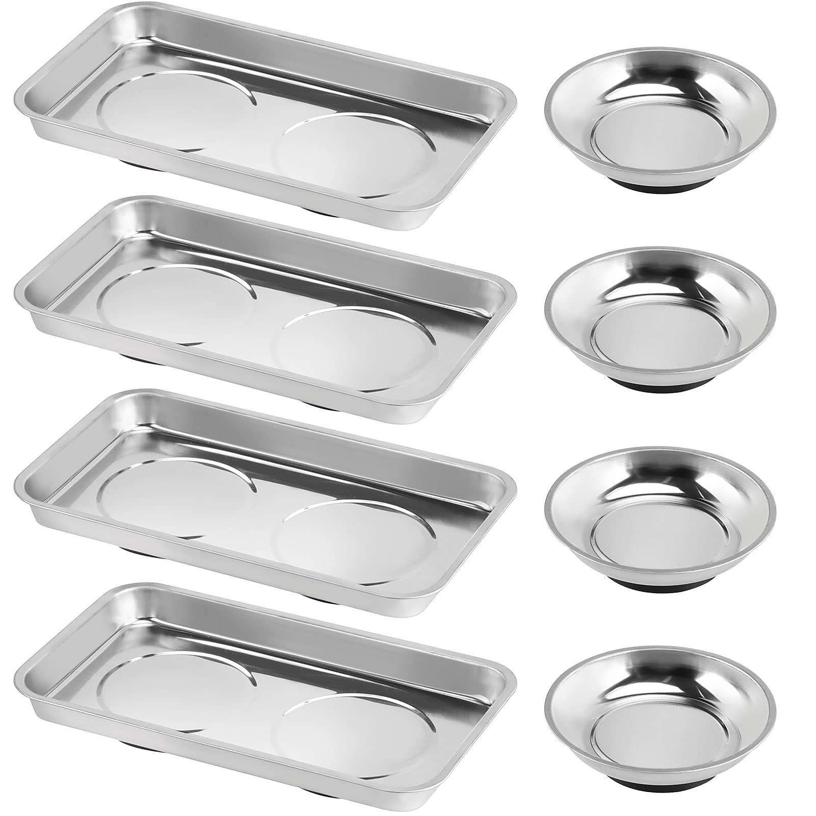 Vrbgify  8 Piece Magnetic Parts Tray Set Stainless Steel Magnetic Tool Tray Holder Four Round Four Rectangular Trays for Screws Bolts Nuts and